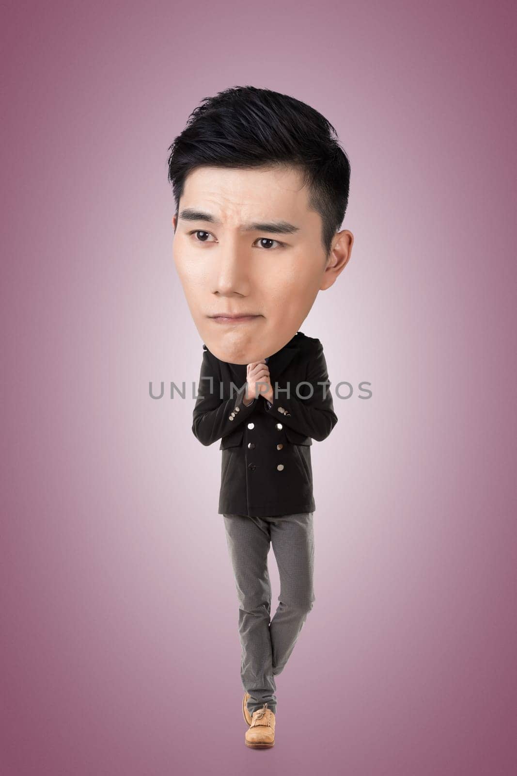 Funny Asian big head man, full length portrait.
