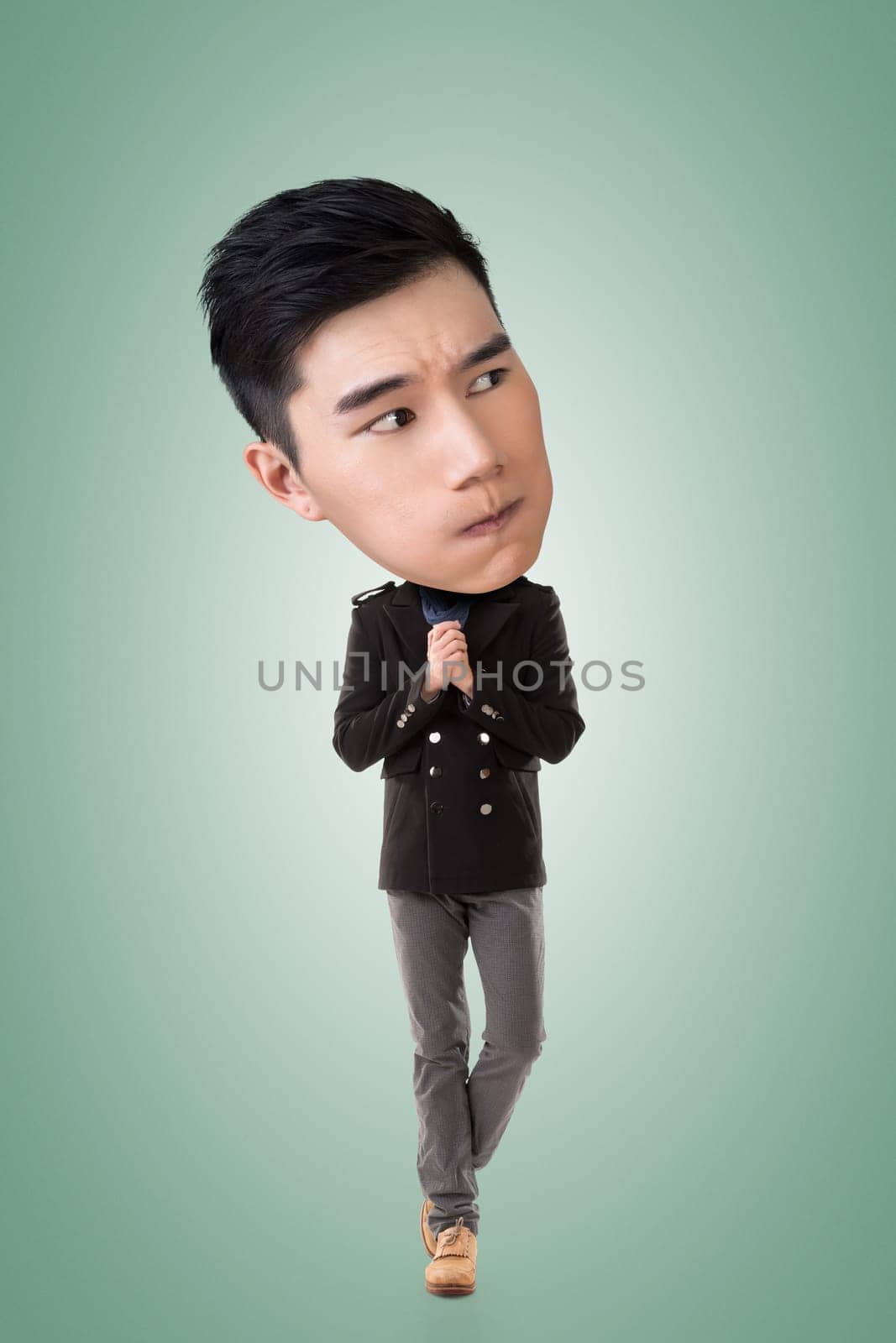 Funny Asian big head man, full length portrait.
