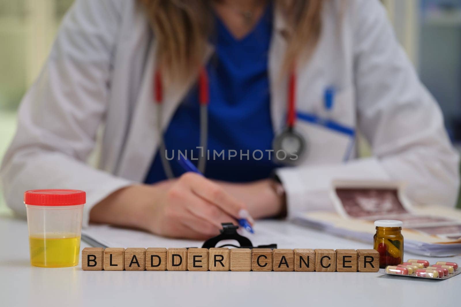 A qualified healthcare professional thoroughly examines various bladder cancer indicators alongside relevant materials