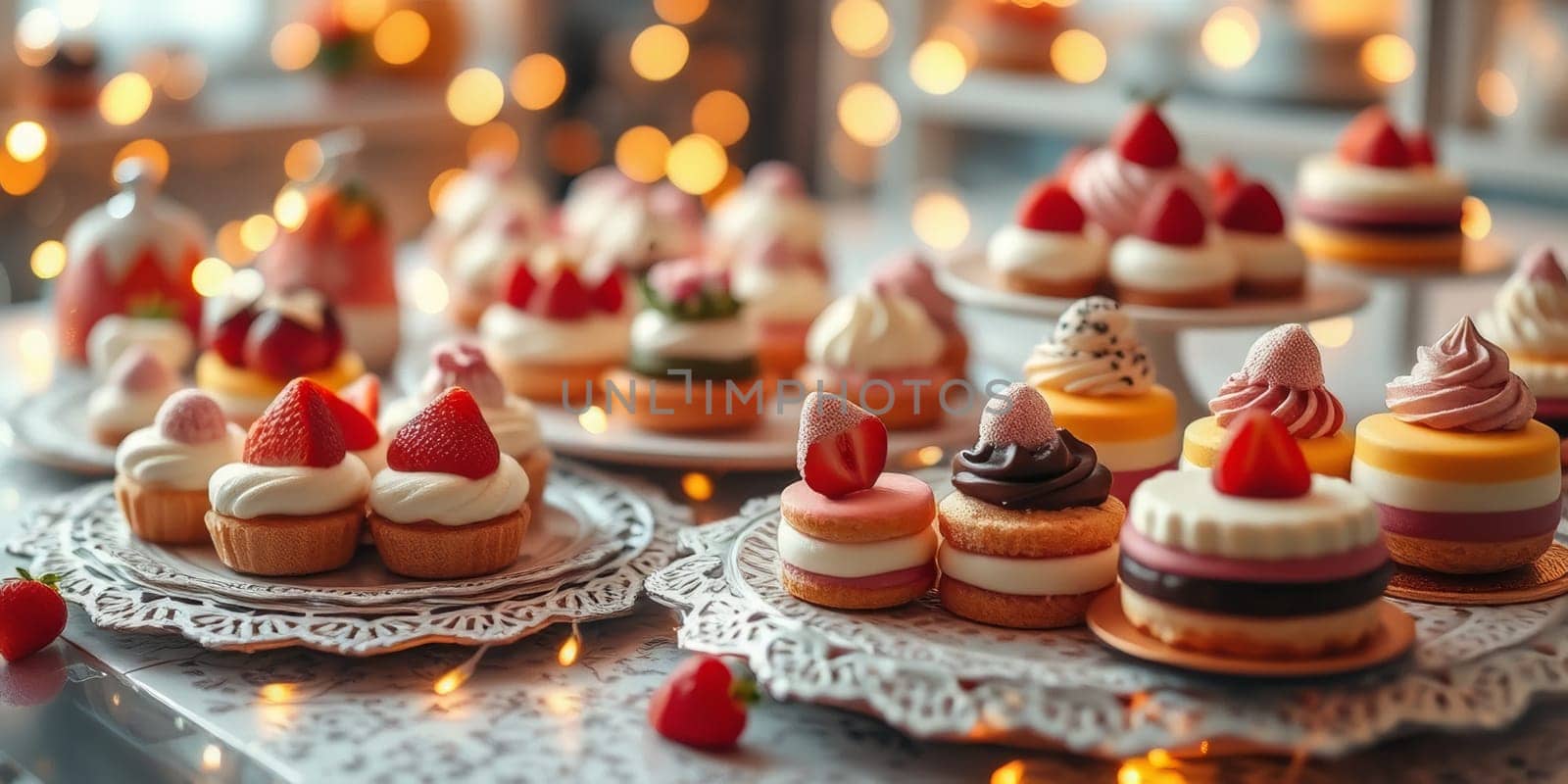 Glass display case with cakes in a confectionery store. High quality photo
