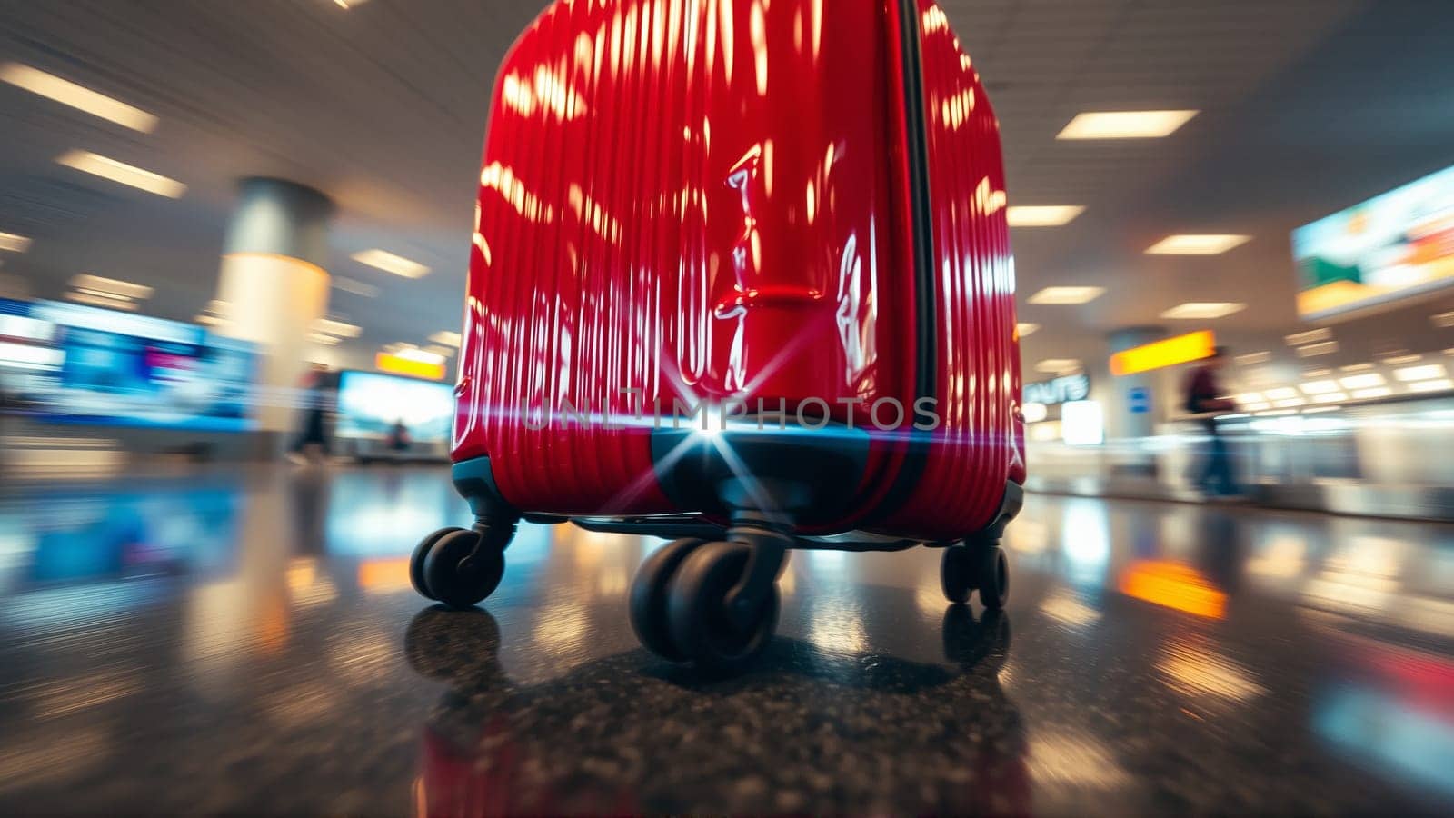 Red suitcase in the airport building. High quality photo