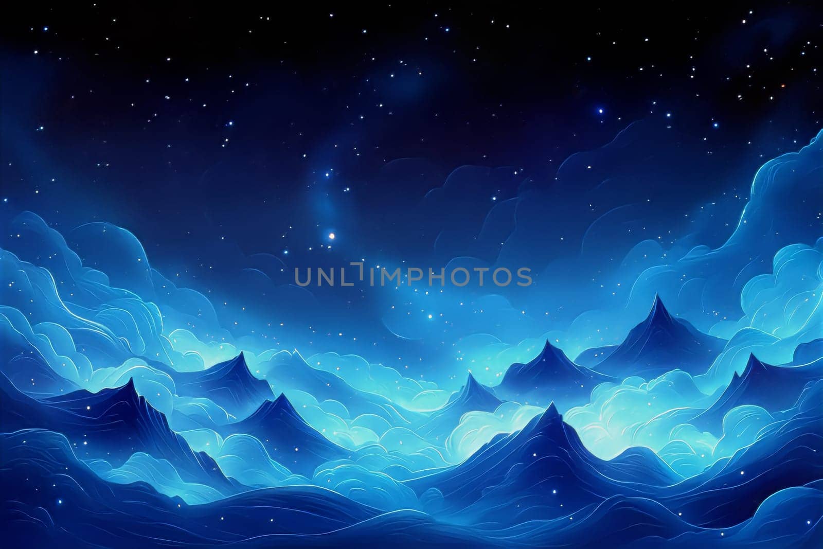 Vibrant blue mountains rise and fall beneath a star-filled sky, softly illuminated by the glow of distant stars and ethereal clouds.