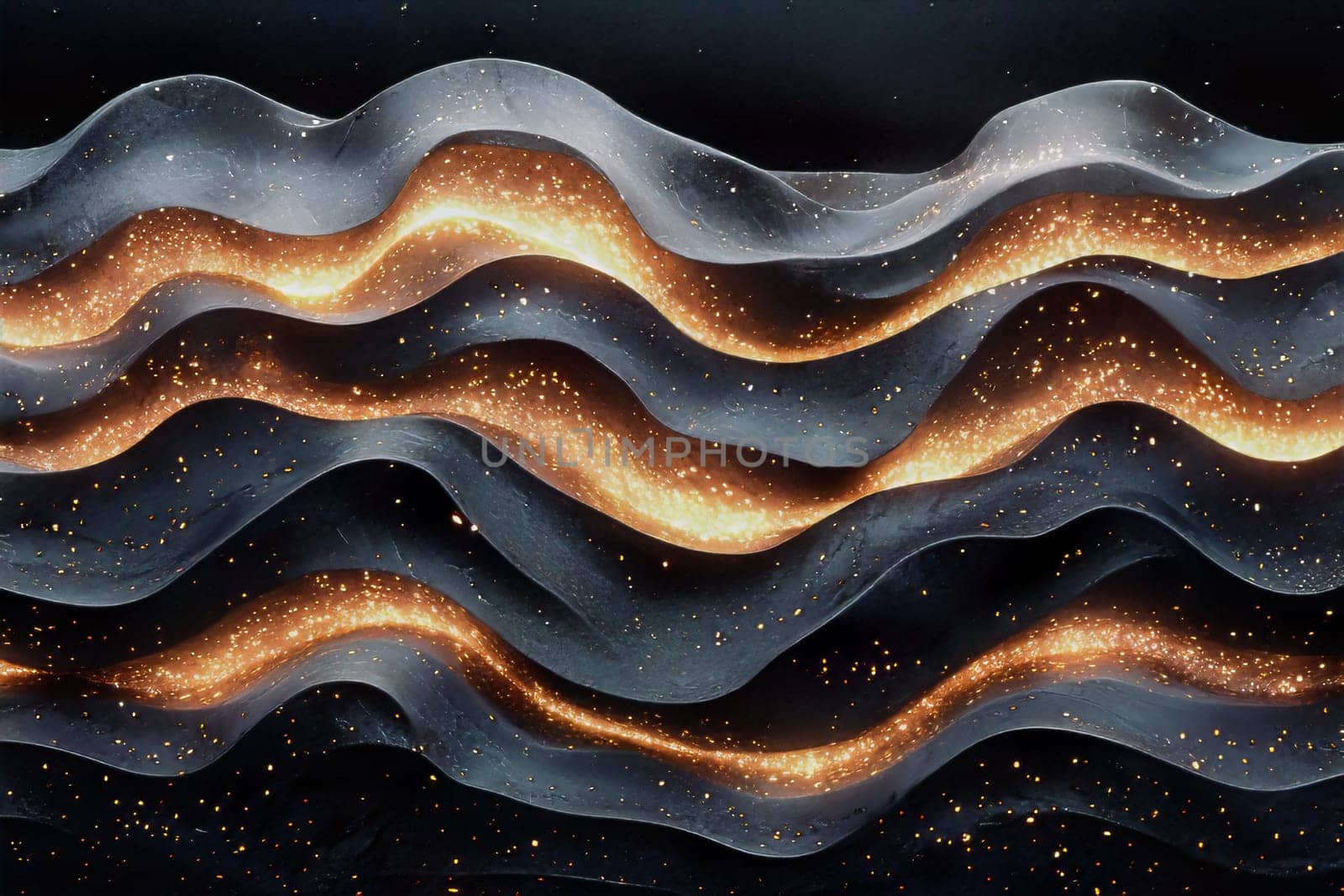 Intricate waves undulate with glimmering golden highlights against a dark background, evoking a sense of movement and wonder.