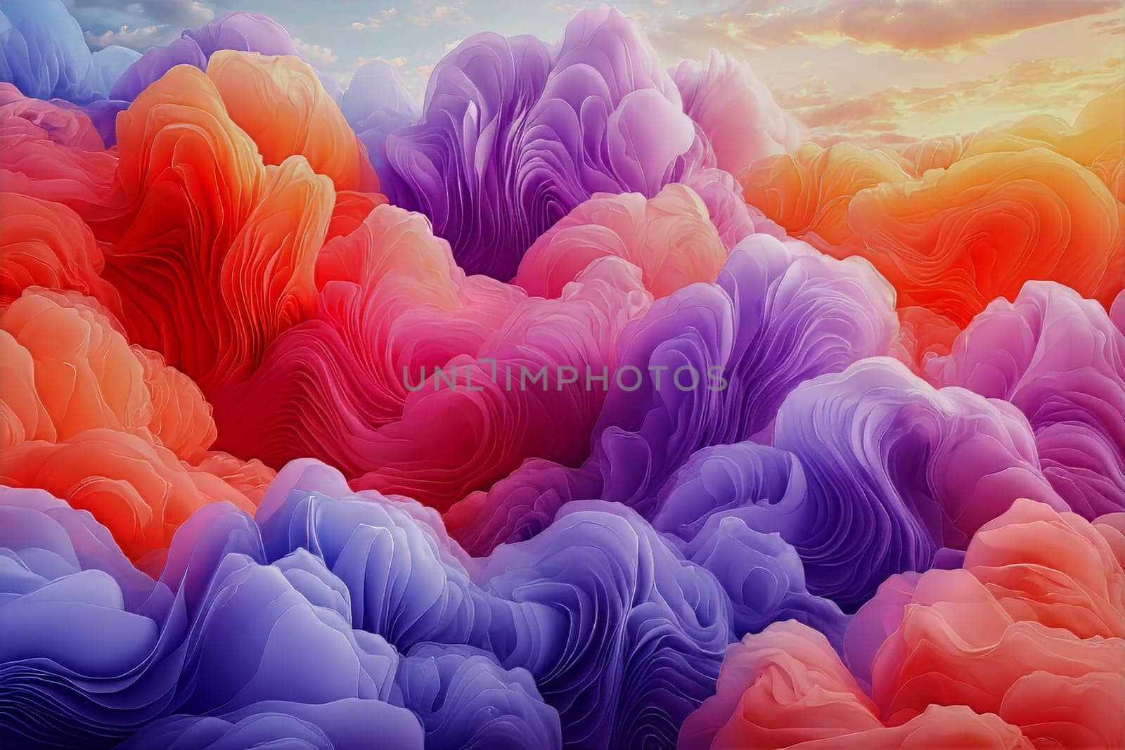 Soft hues of pink, purple, and orange create a dreamy sky filled with swirling fluffy formations, illuminating the tranquil atmosphere.