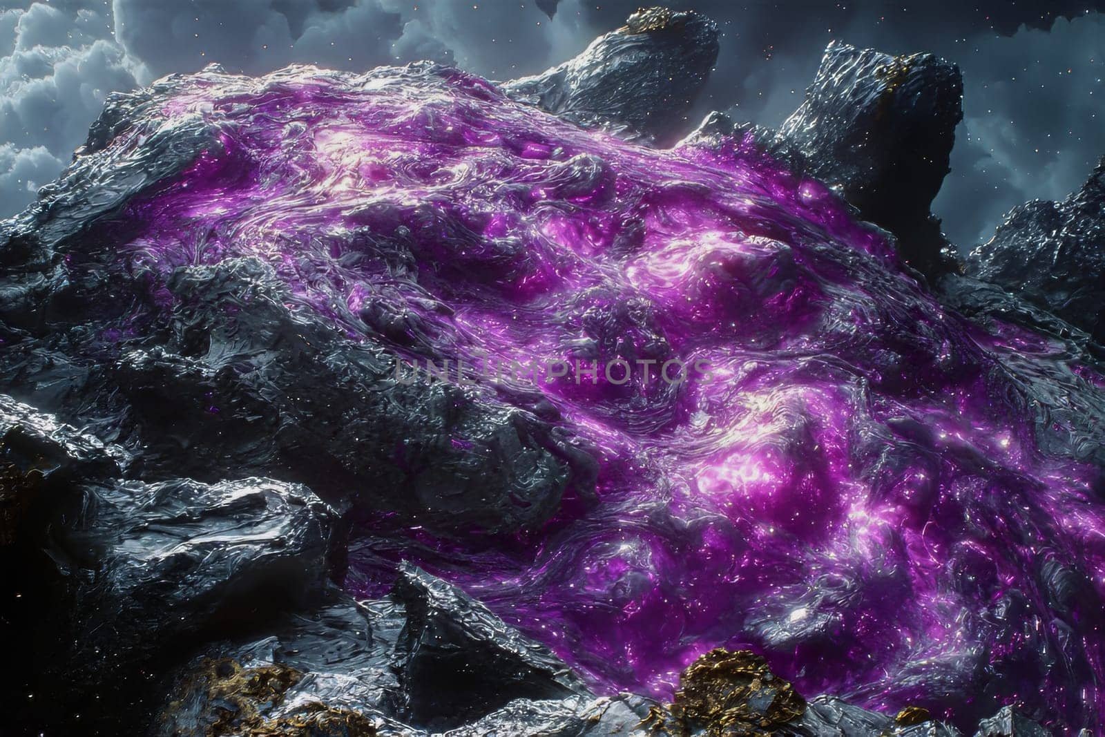 A stunning display of organic textures and luminous colors captivates the eye as the cosmic rock formation shines under a starlit sky.