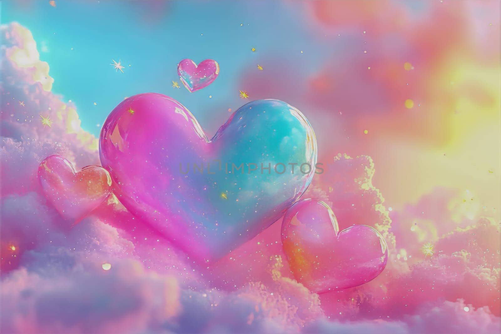 Colorful hearts rise from fluffy clouds, capturing a sense of joy and wonder in a softly lit, enchanting atmosphere.
