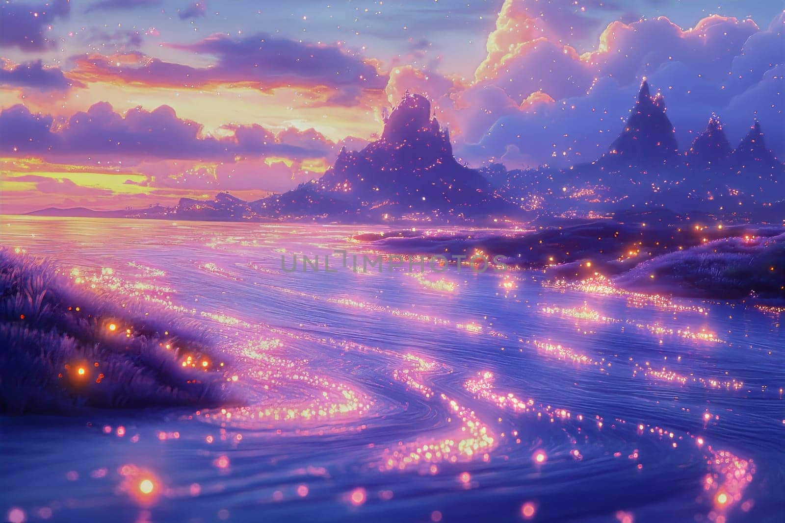 A serene landscape reveals glowing waters reflecting a colorful twilight sky, surrounded by majestic mountains and enchanting light.