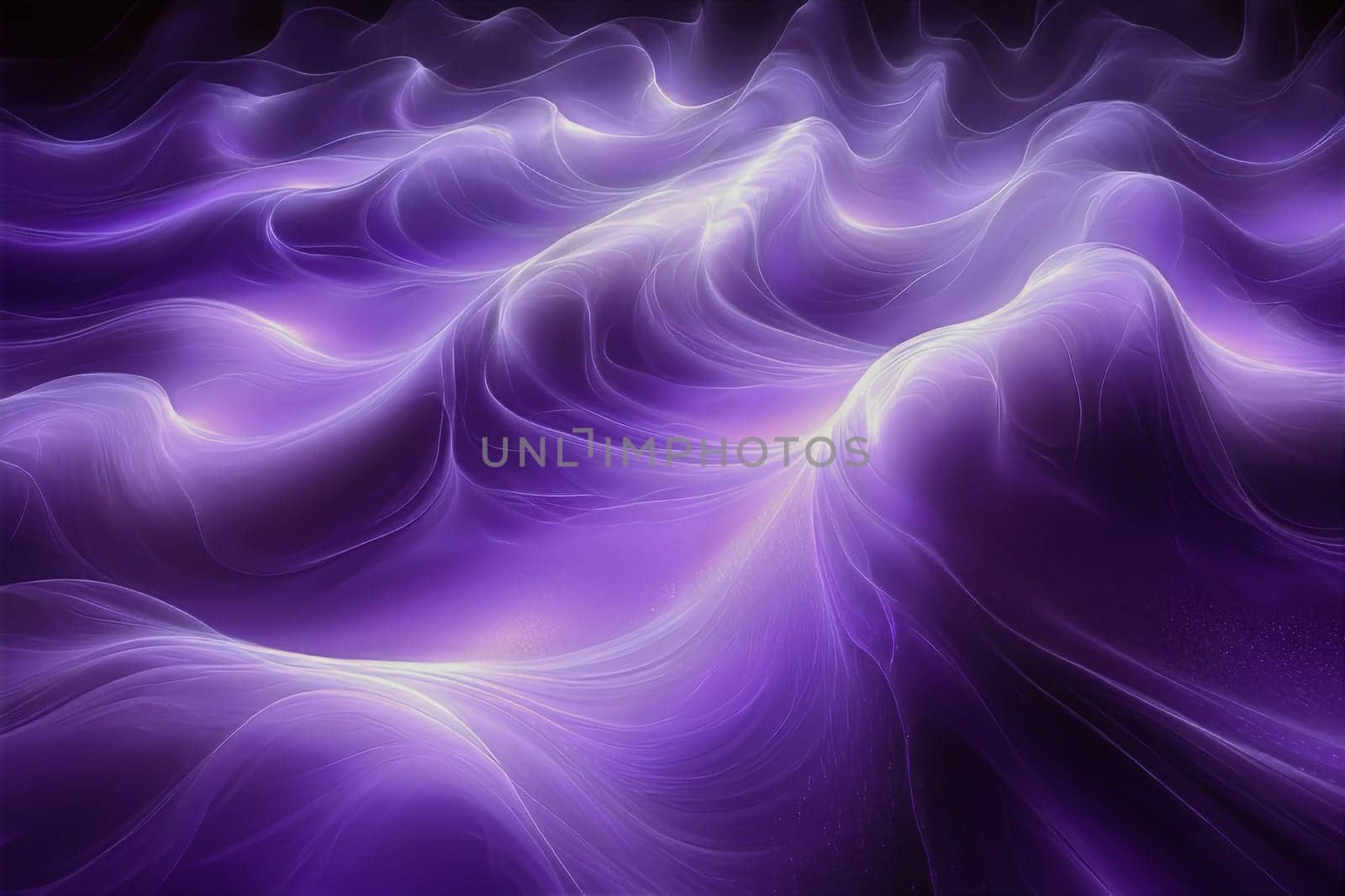 Flowing waves of rich purple undulate gracefully, casting an enchanting glow within an ethereal, serene atmosphere of tranquility.