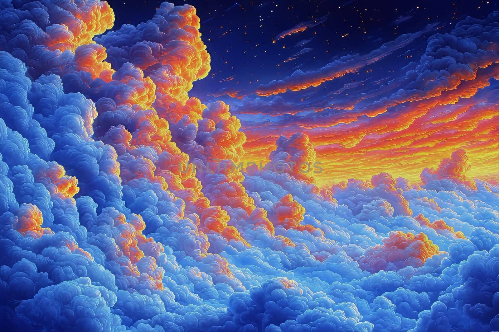 Layers of colorful clouds stretch across the sky as the sun sets, casting brilliant hues of orange and blue in the twilight atmosphere.