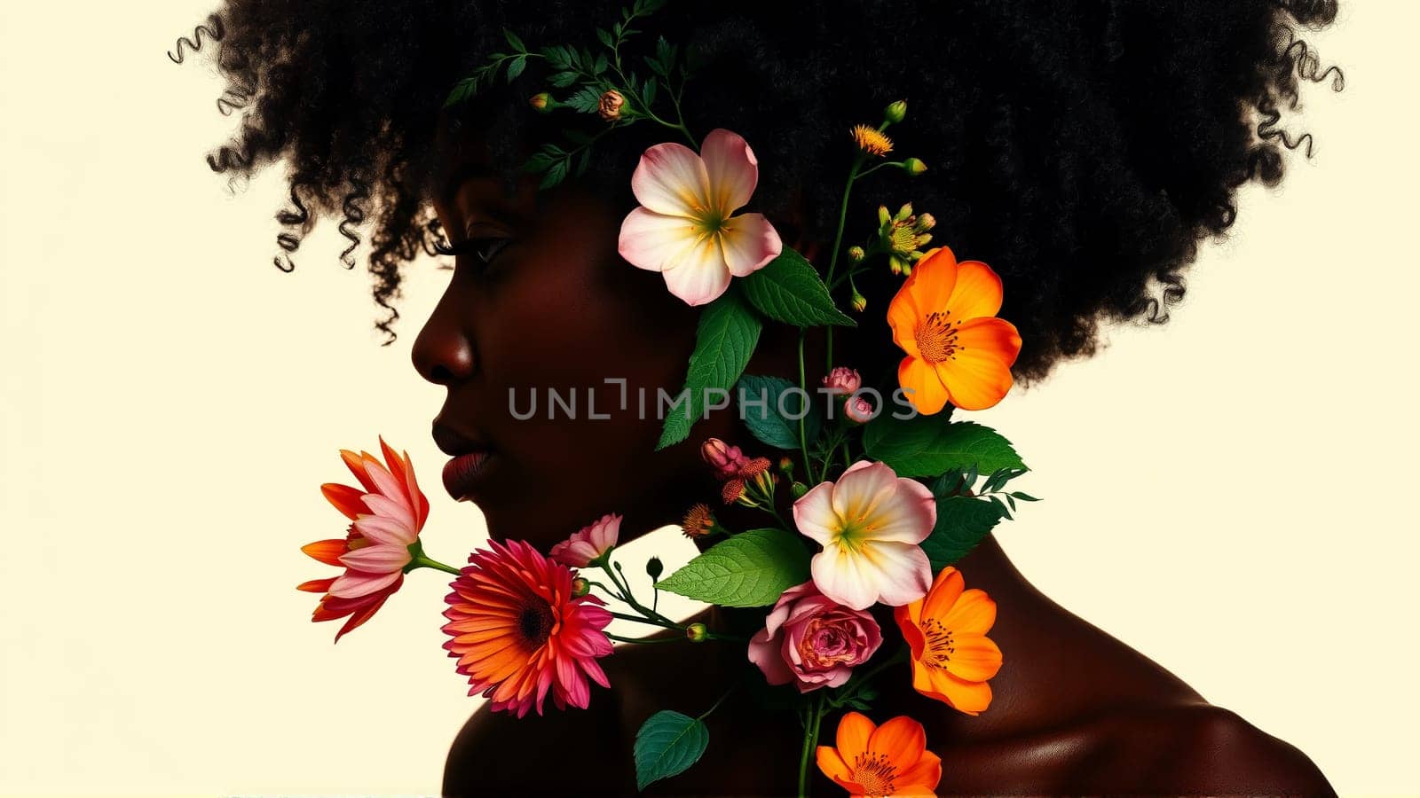 The woman's face profile is covered in bright colors. High quality photo
