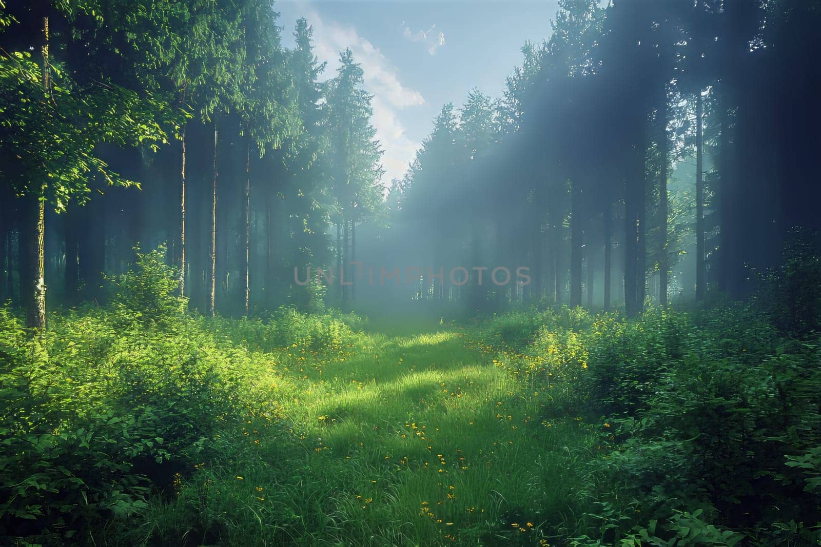 Gentle sunlight filters through tall trees, illuminating a lush green clearing with vibrant flowers, creating a serene atmosphere.