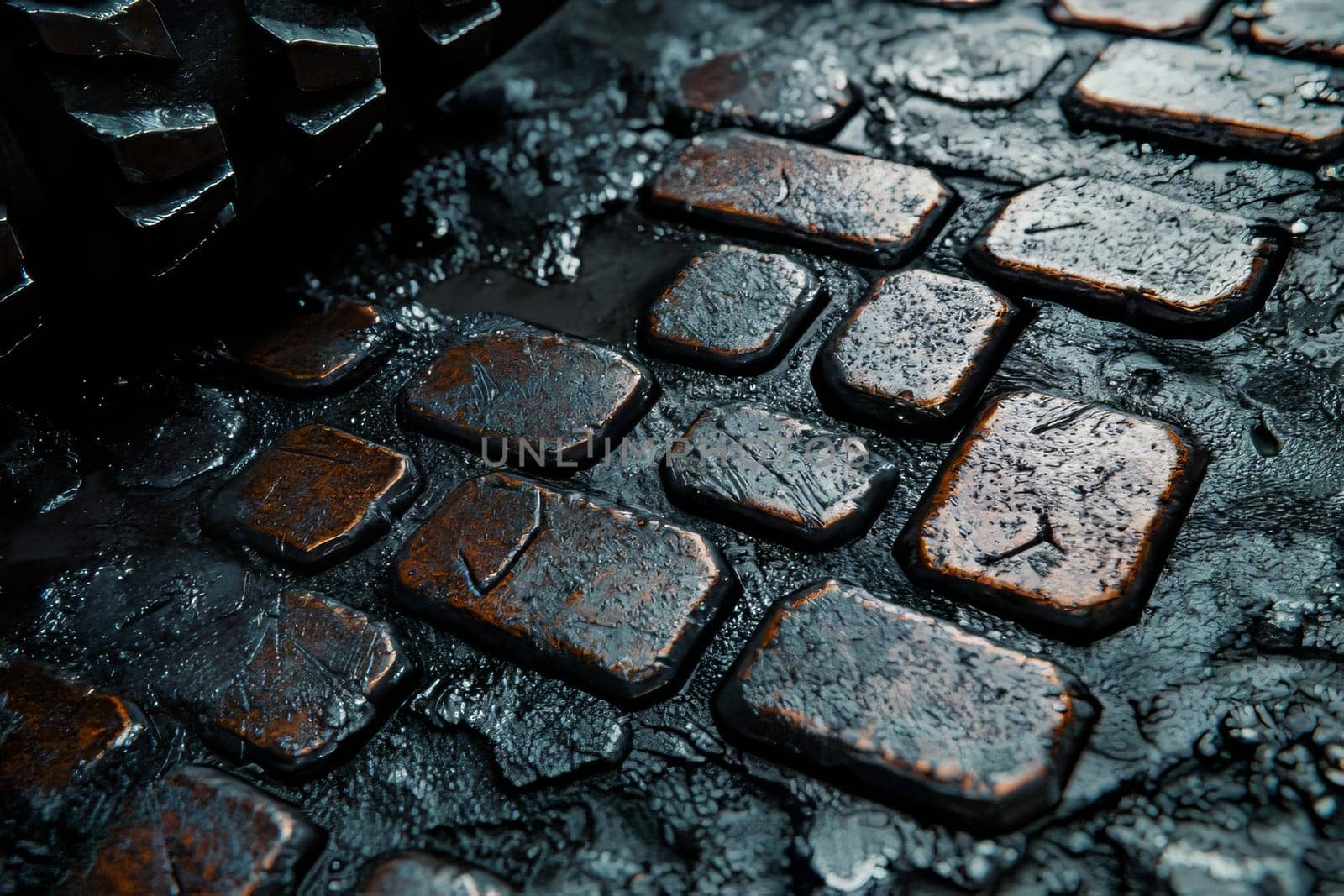 Rain-soaked cobblestones reflect a vibrant mix of colors as water pools in the grooves, creating a beautiful urban tapestry.