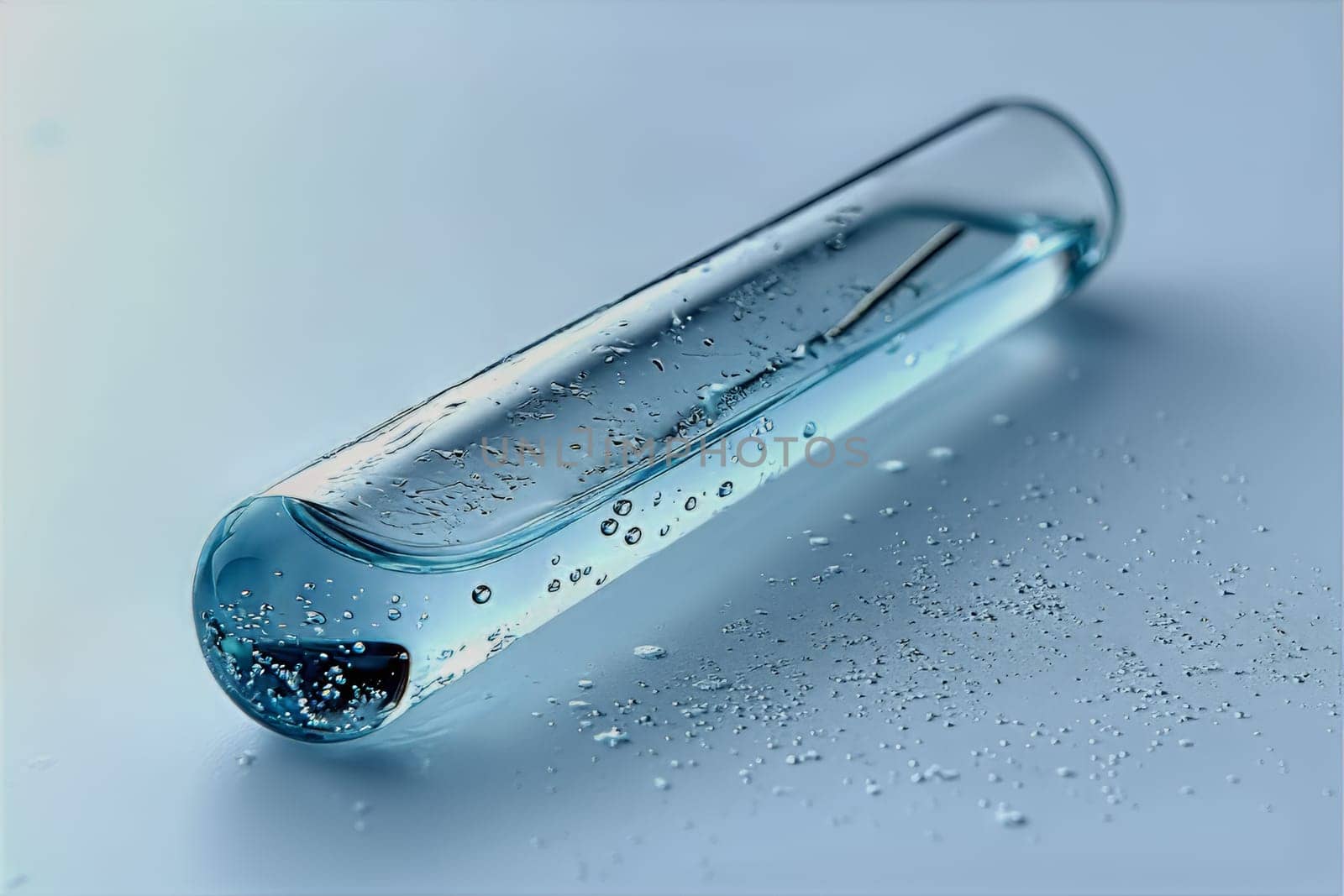 A transparent test tube lies horizontally, filled with vibrant blue liquid and tiny bubbles, showcasing a tranquil laboratory atmosphere.