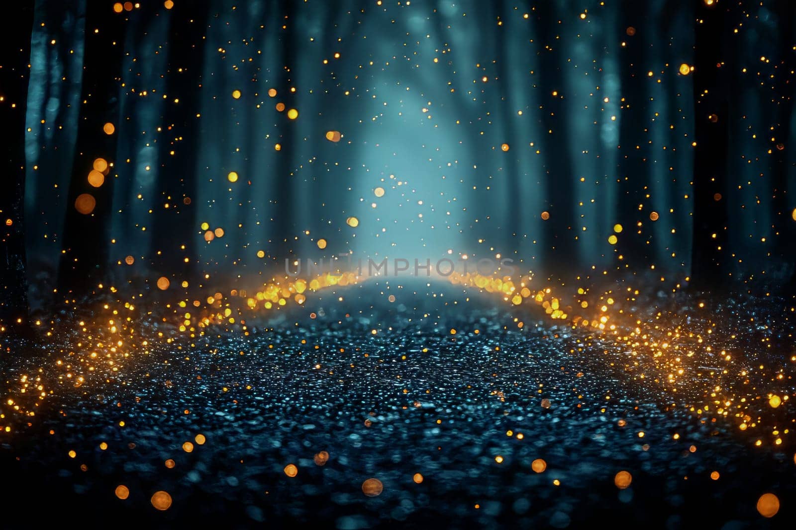 A captivating path shines with golden orbs amidst tall trees, creating a magical atmosphere during twilight hours.