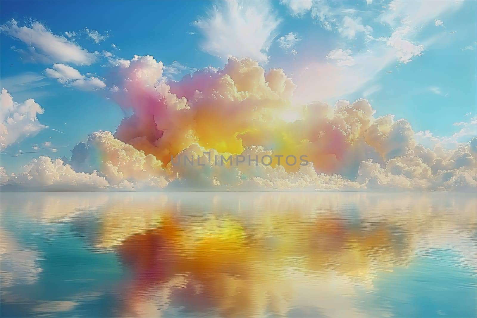 Soft pastel hues blend beautifully as the sunset casts a warm glow over tranquil waters, creating a peaceful and dreamy setting.