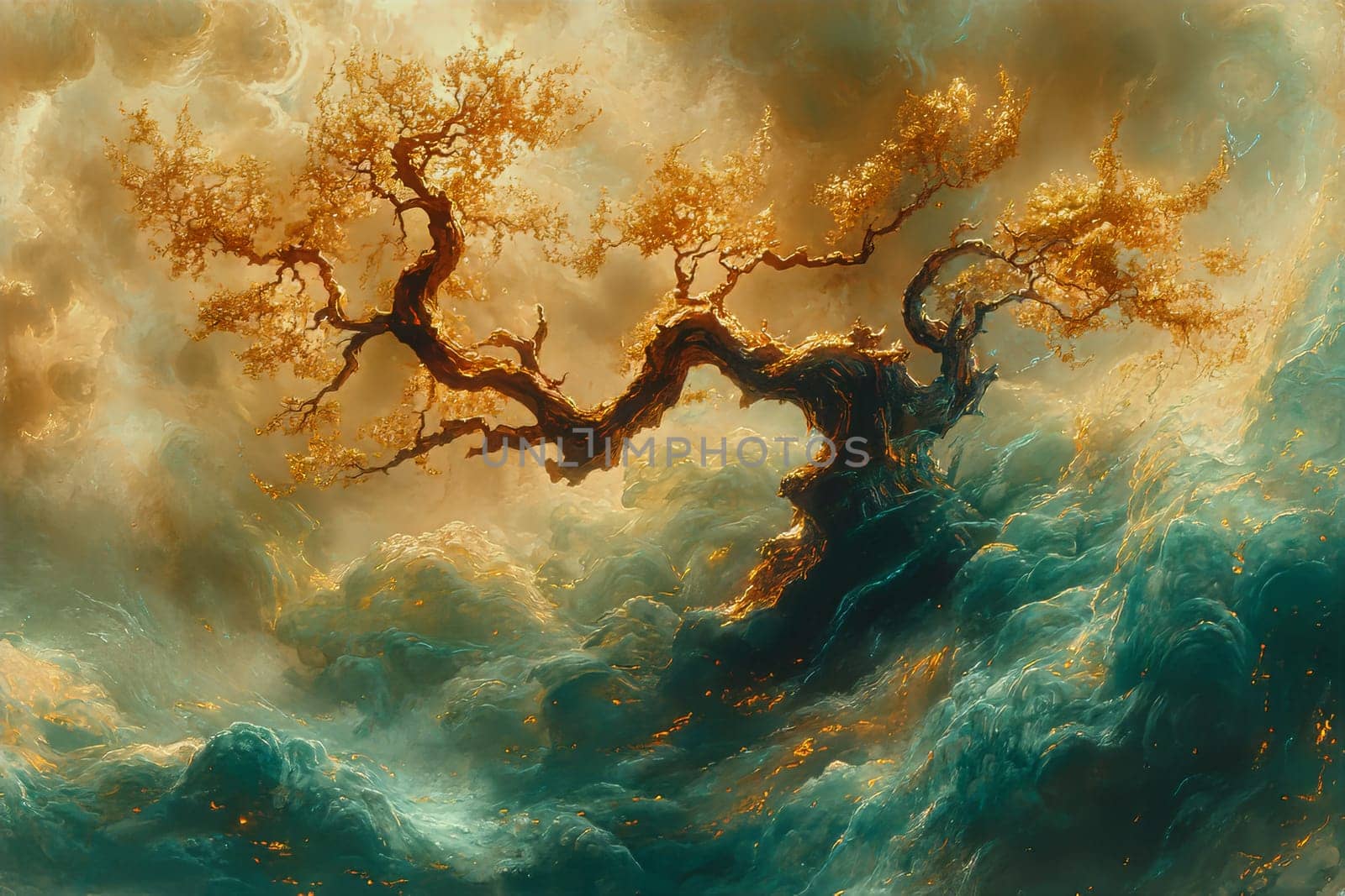 A majestic tree, adorned with golden leaves, rises dramatically above vibrant, swirling waves under a mystical, cloud-filled sky.