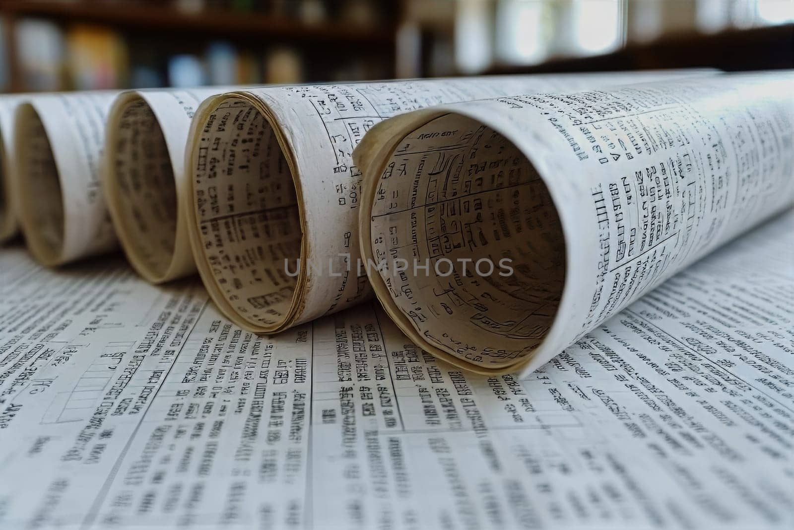 Scrolls of aged paper lie on a wooden table in a historical library, capturing the essence of untold stories and knowledge.