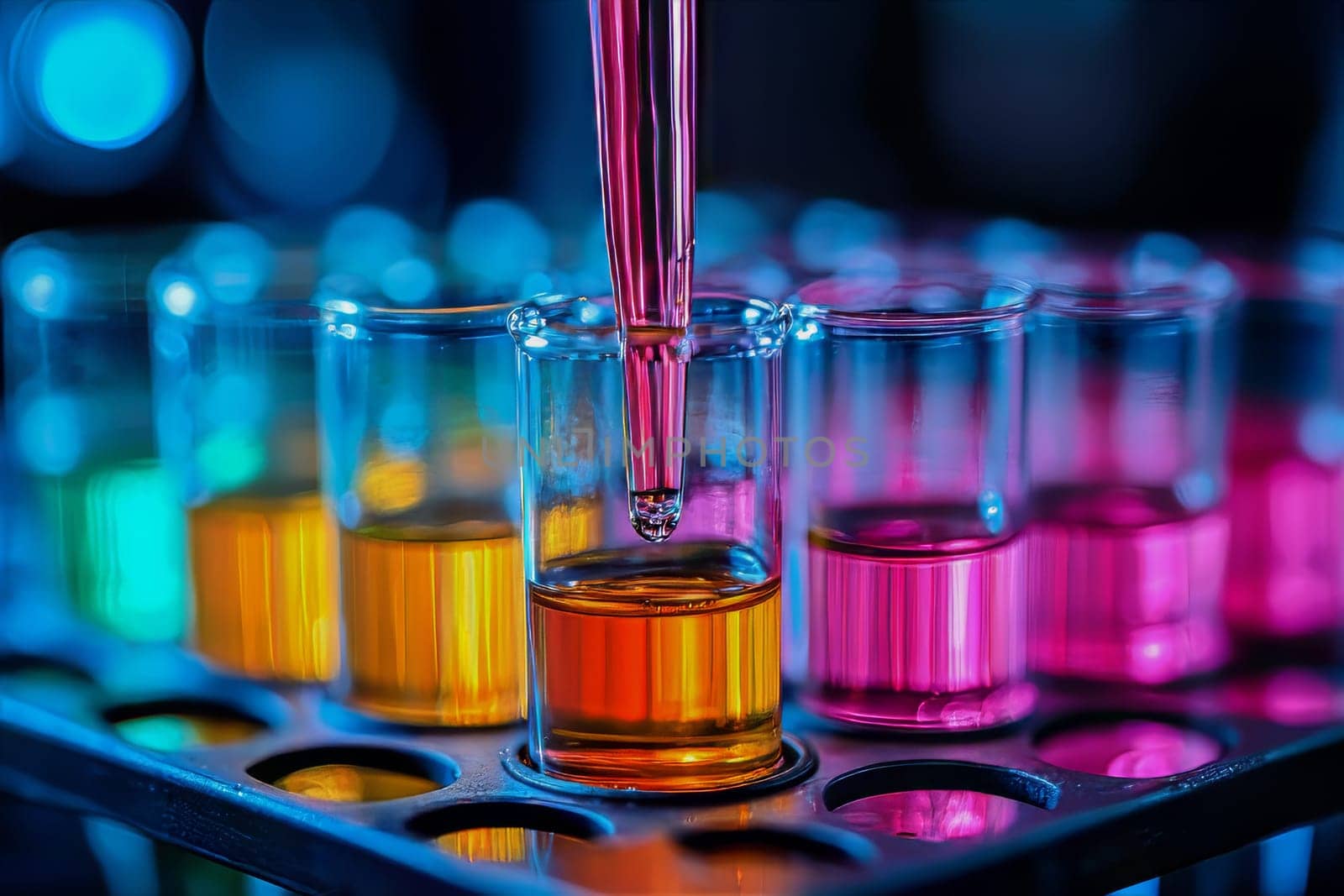 A skilled scientist adds a drop of bright liquid into a test tube filled with various vivid solutions, creating a mesmerizing spectacle.