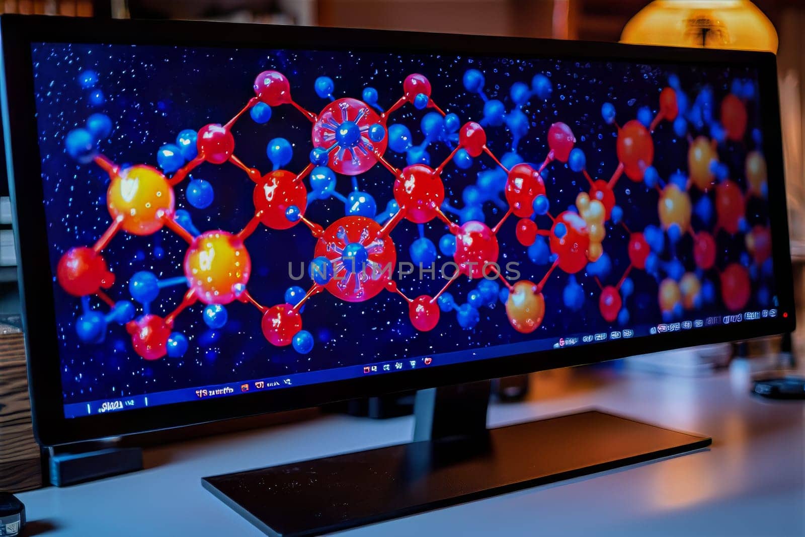 A vibrant depiction of a molecular structure lights up a stylish desktop monitor, creating an inspiring atmosphere for creativity.