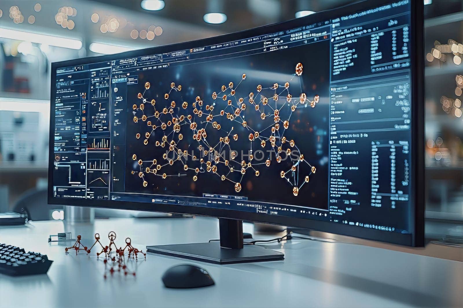 High-tech laboratory features a large computer screen displaying intricate molecular structures and data analysis in progress.