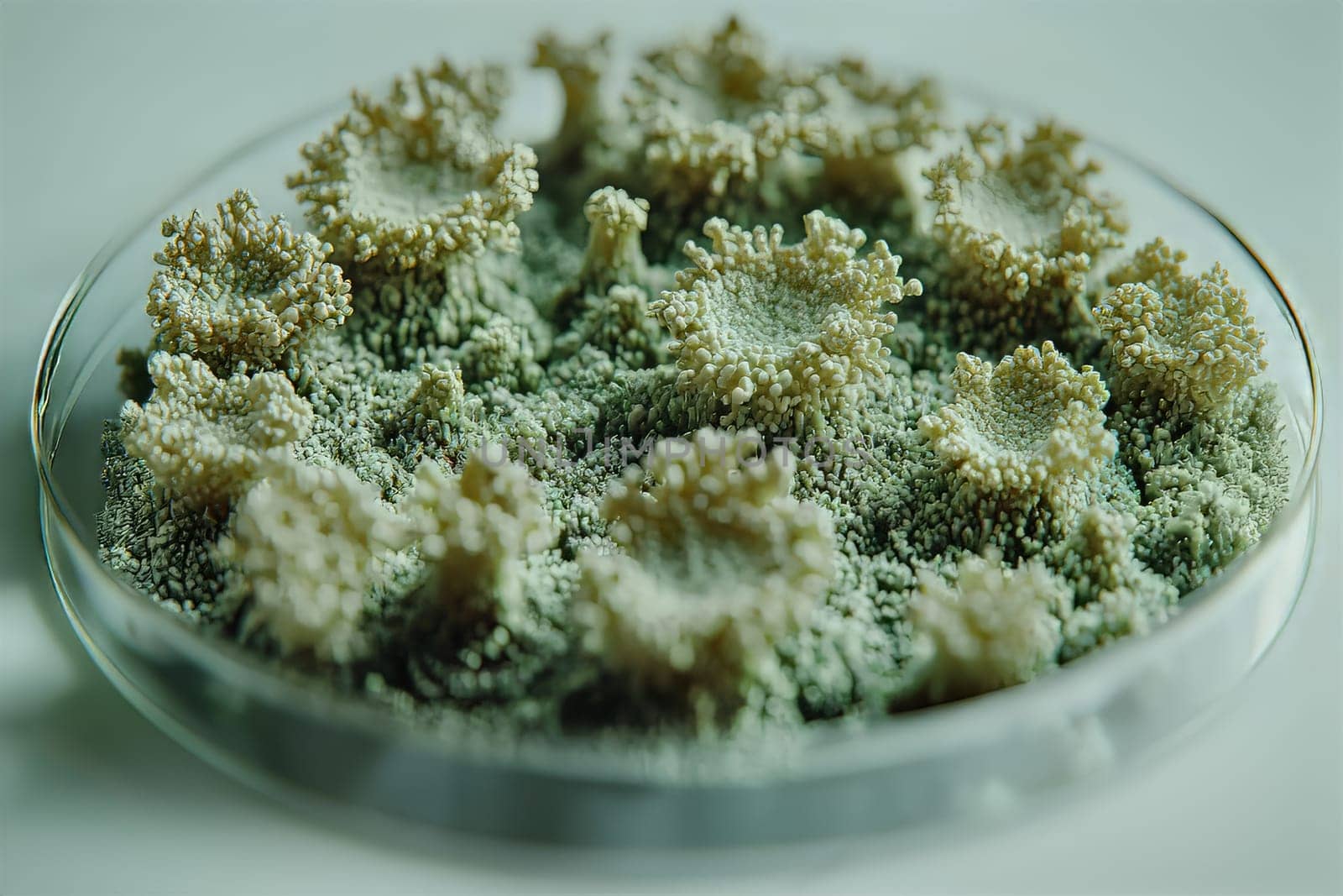 Intricate structures of mold develop on a petri dish as dusk settles, showcasing nature's artistry in a scientific environment.