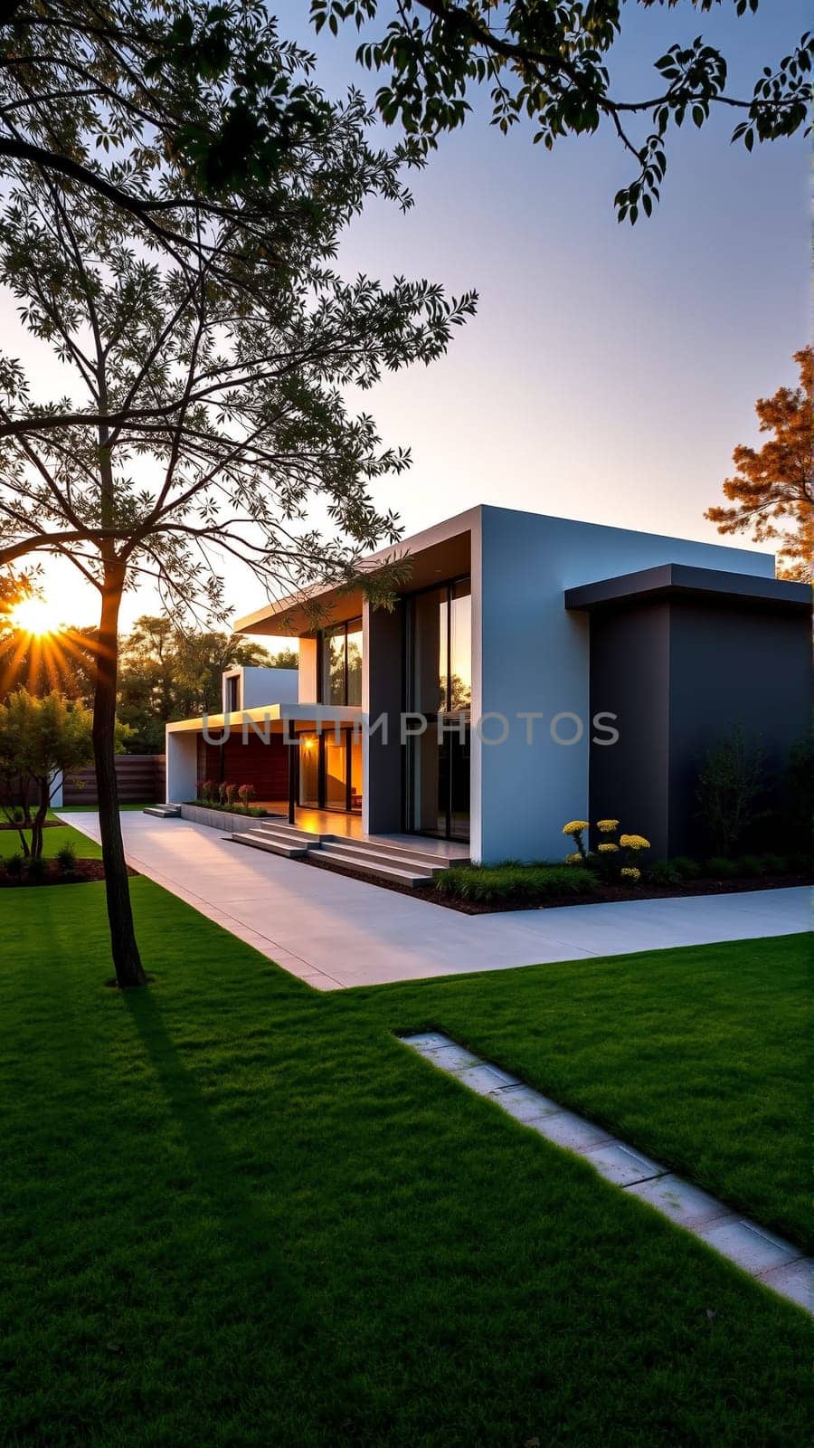 The modern individual residential house is surrounded by a well-groomed beautiful lawn. High quality photo