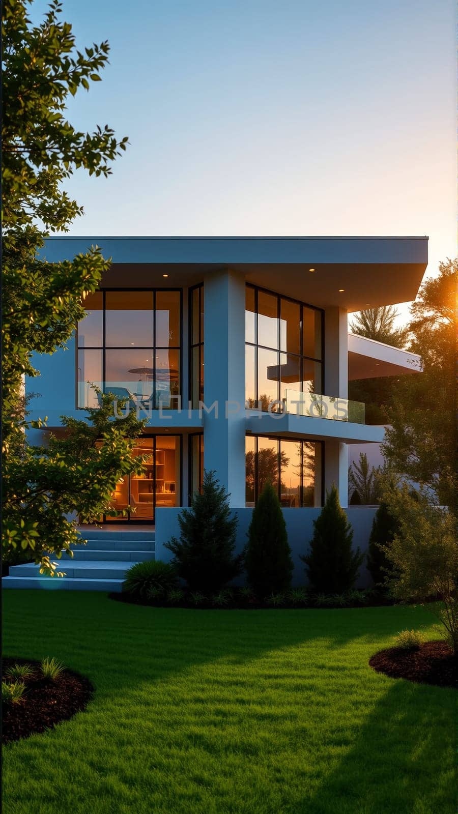The modern individual residential house is surrounded by a well-groomed beautiful lawn. High quality photo