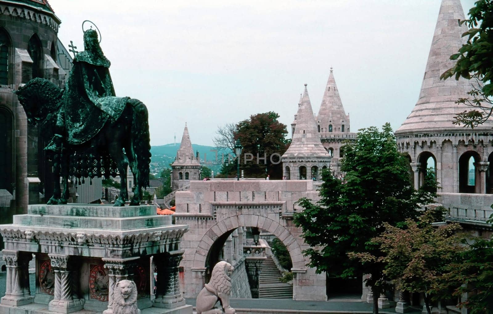 Fisherman Bastion with church and St.Stephan statue in  Budapest