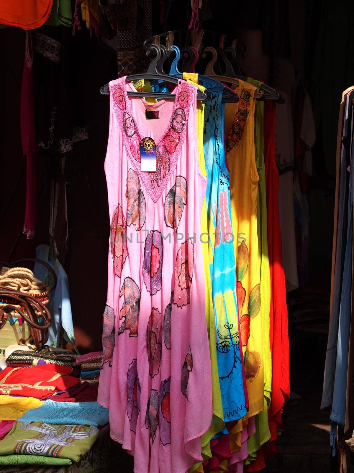 Cheap women's clothes at a street market,in Marrakech