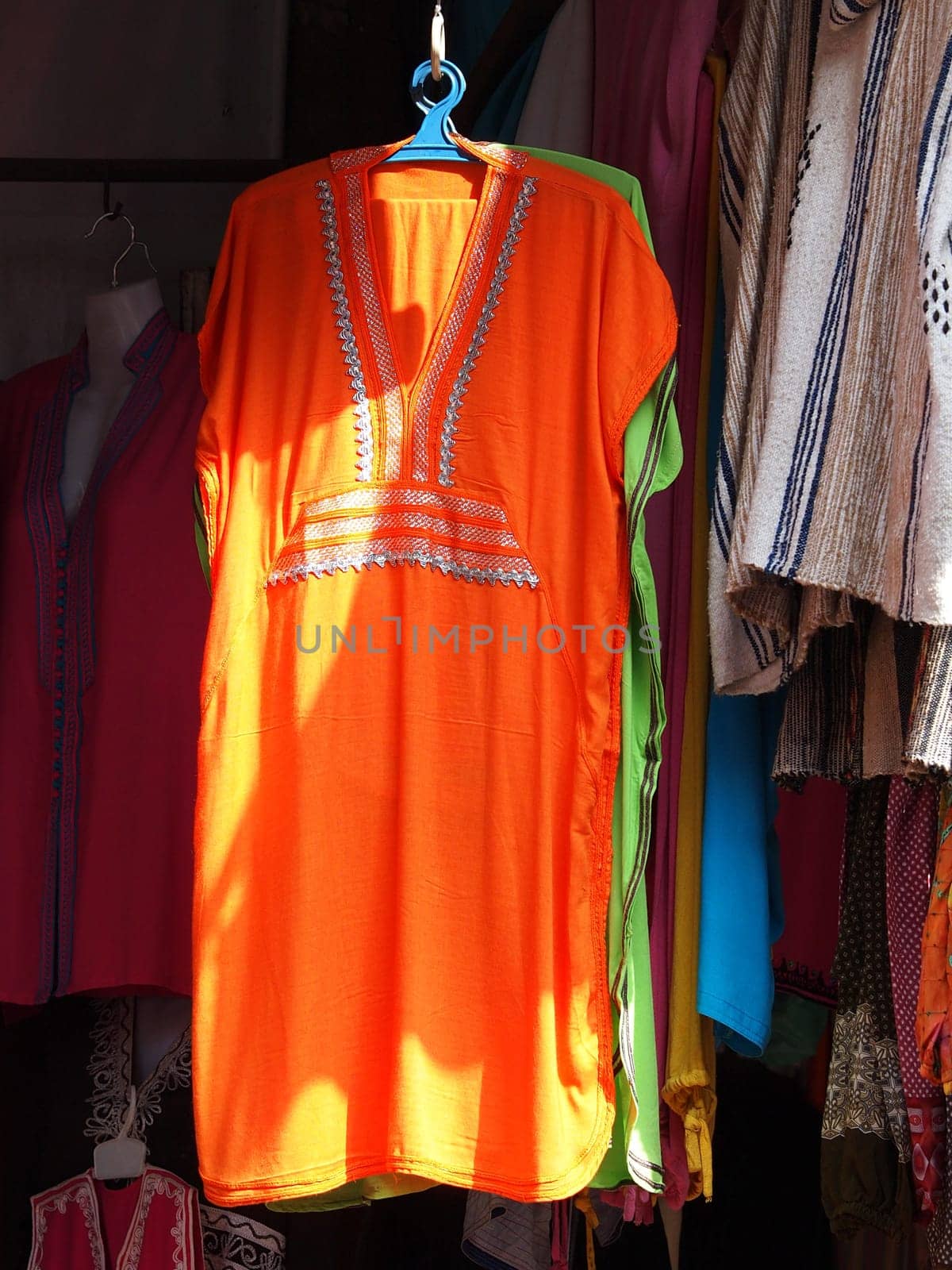 Cheap women's and mens clothes at a street market,in Marrakech
