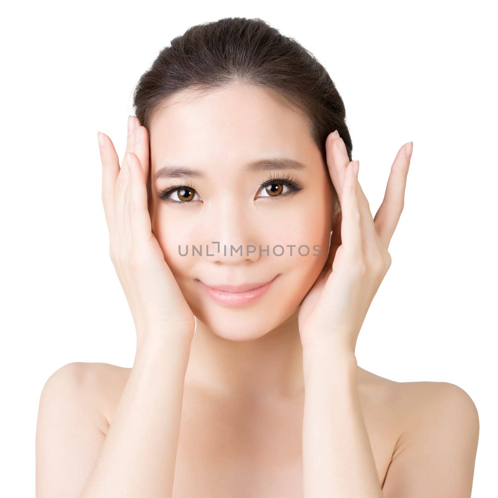 Asian beauty face closeup portrait with clean and fresh elegant lady. Studio shot.