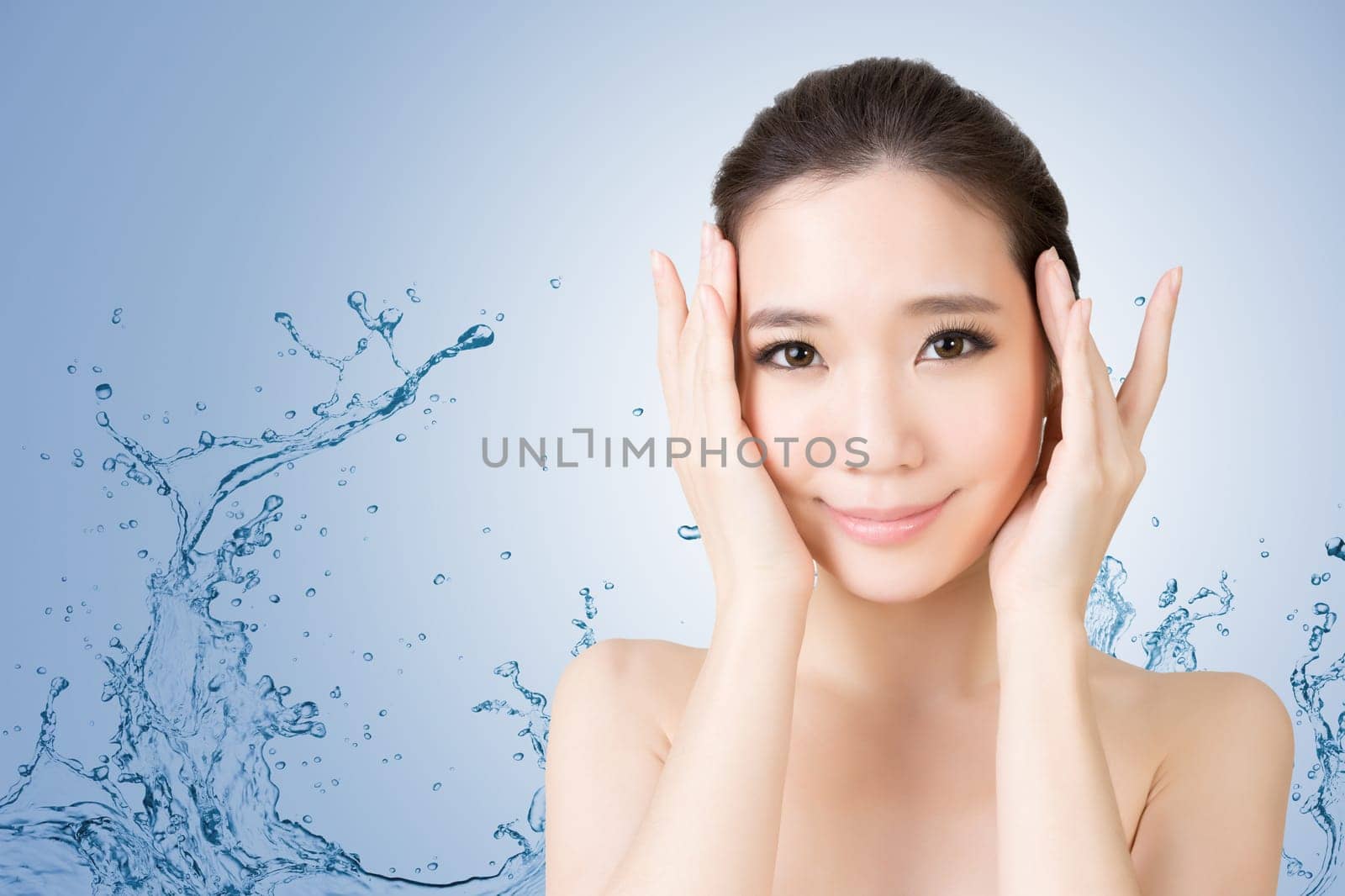Asian beauty face closeup portrait with clean and fresh elegant lady. Studio shot.
