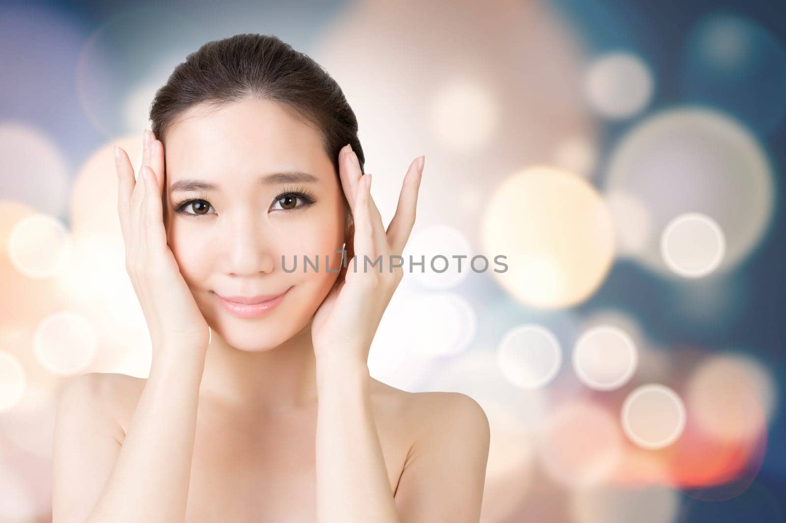 Asian beauty face closeup portrait with clean and fresh elegant lady. Studio shot.