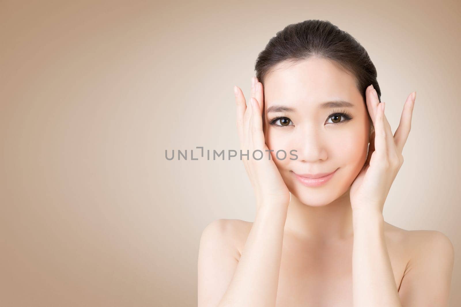 Asian beauty face closeup portrait with clean and fresh elegant lady. Studio shot.