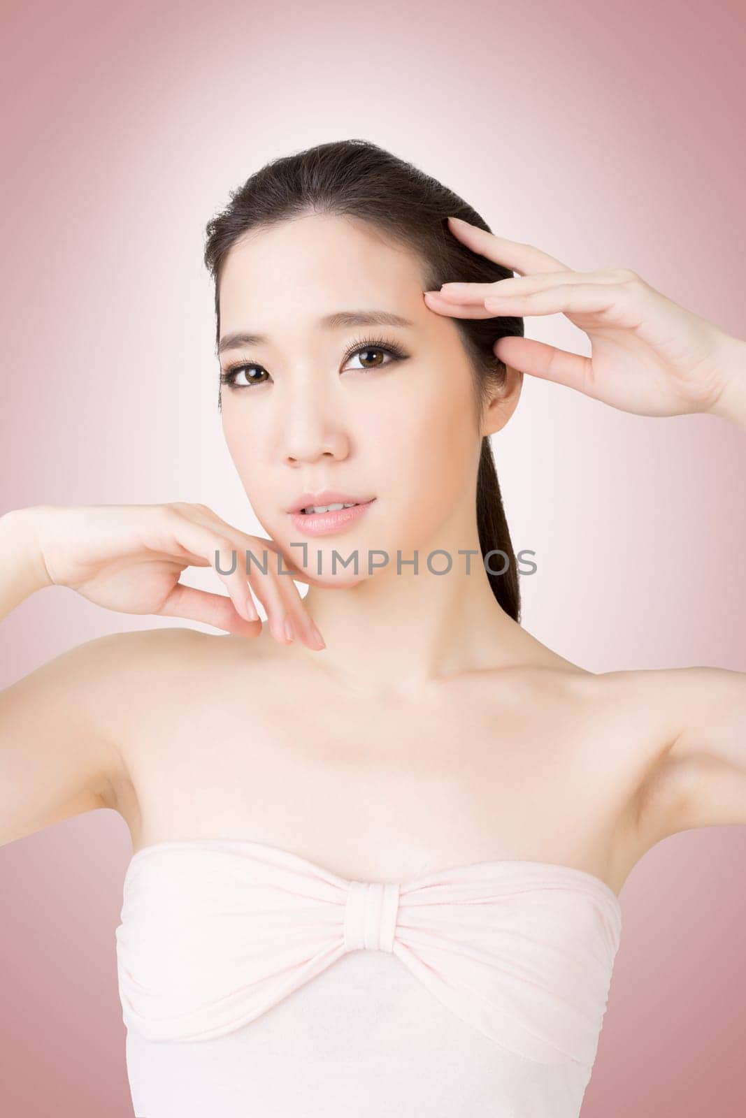 Asian beauty face closeup portrait with clean and fresh elegant lady. Studio shot.