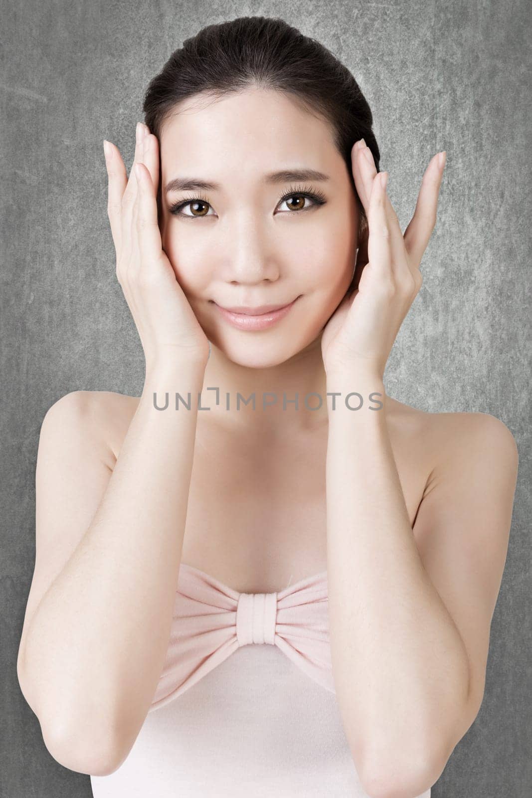 Asian beauty face closeup portrait with clean and fresh elegant lady. Studio shot.