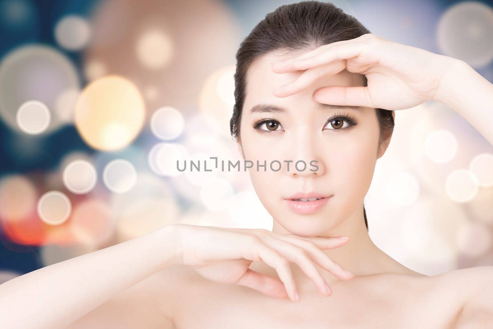 Asian beauty face closeup portrait with clean and fresh elegant lady. Studio shot.