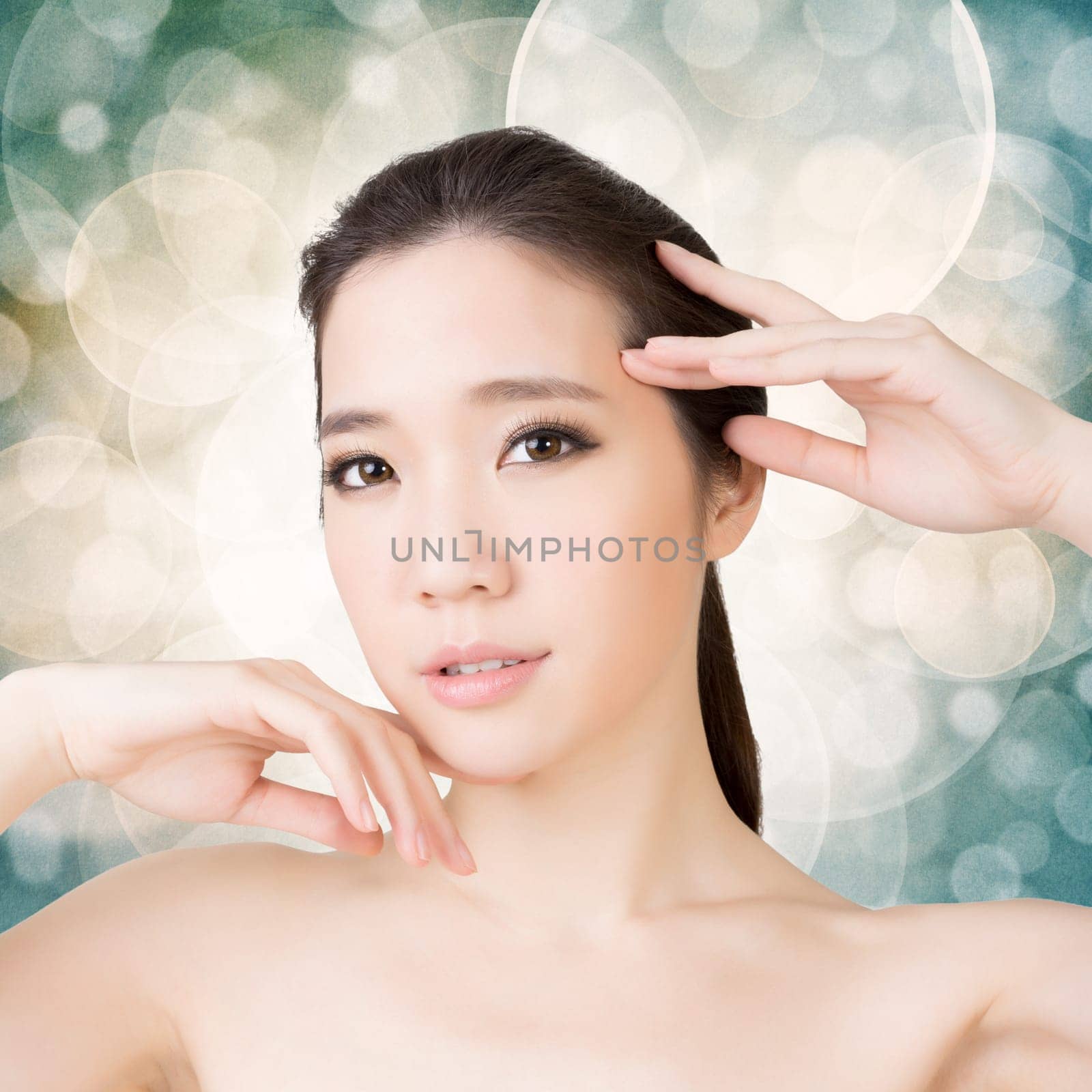 Asian beauty face closeup portrait with clean and fresh elegant lady. Studio shot.