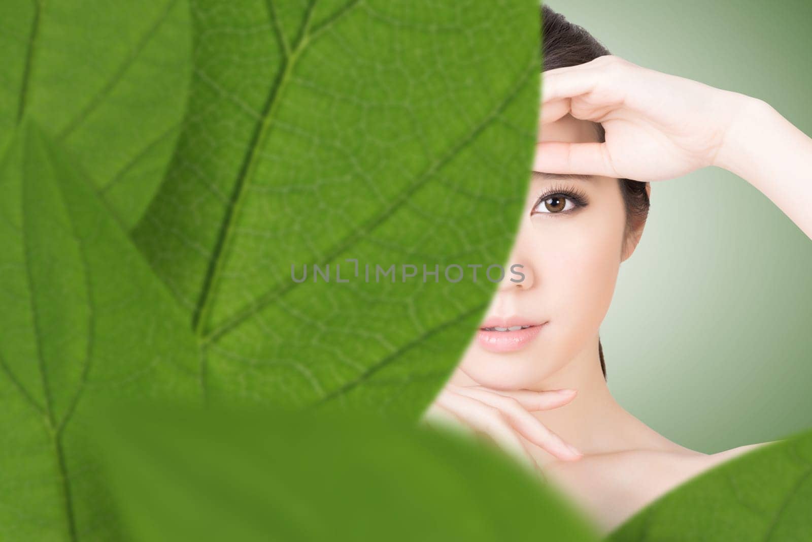 Asian beauty face closeup portrait with clean and fresh elegant lady. Studio shot.