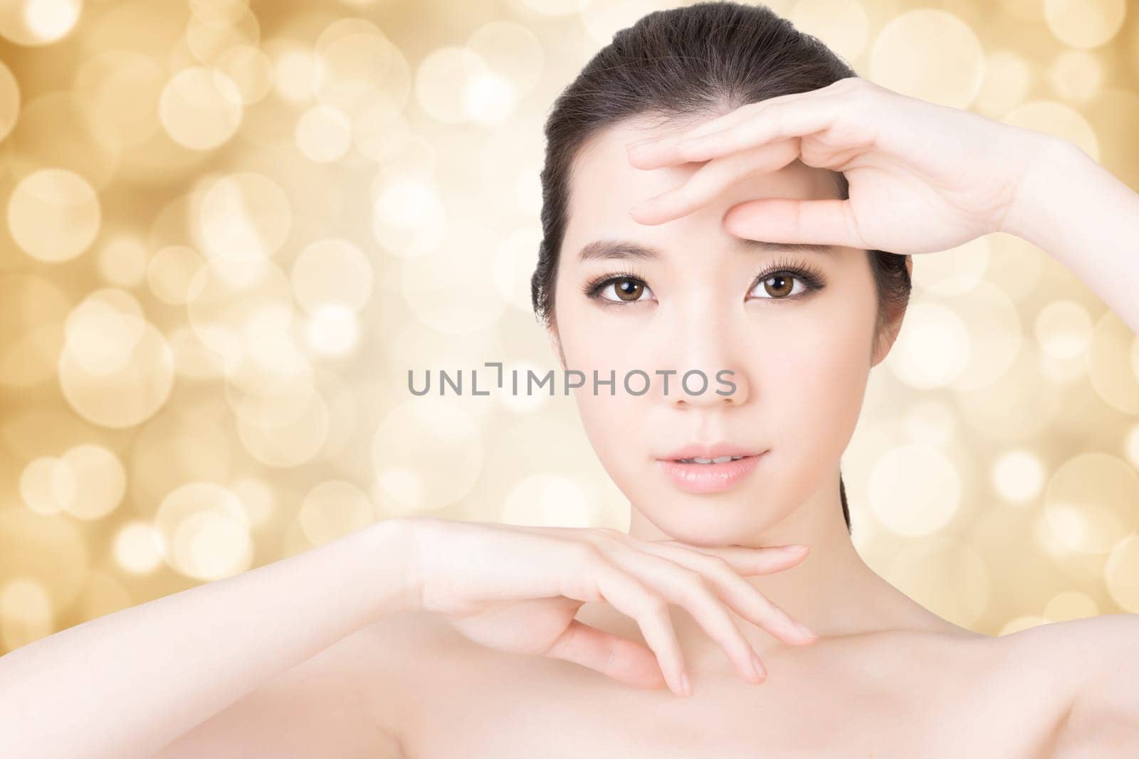Asian beauty face closeup portrait with clean and fresh elegant lady. Studio shot.