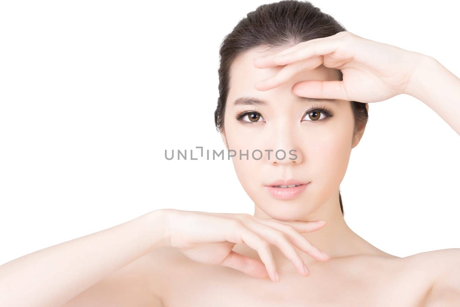 Asian beauty face closeup portrait with clean and fresh elegant lady. Studio shot.