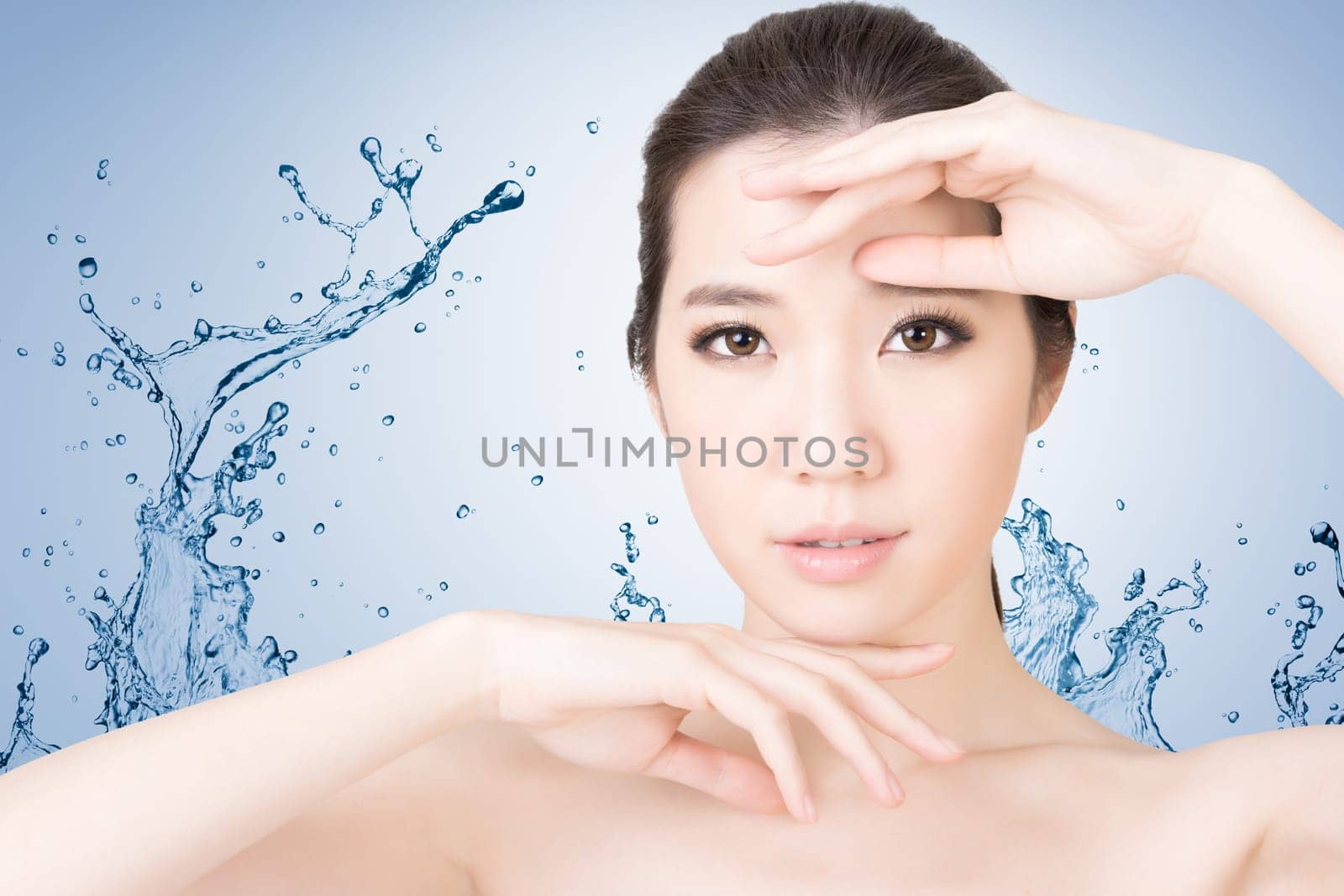 Asian beauty face closeup portrait with clean and fresh elegant lady. Studio shot.
