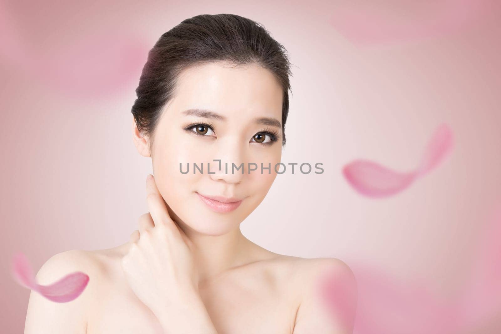 Asian beauty face closeup portrait with clean and fresh elegant lady. Studio shot.