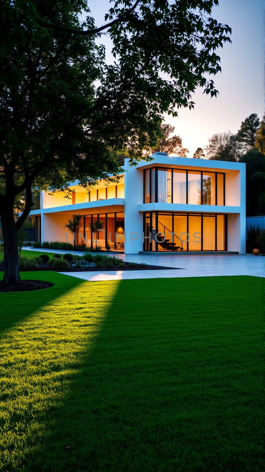 The modern individual residential house is surrounded by a well-groomed beautiful lawn. High quality photo