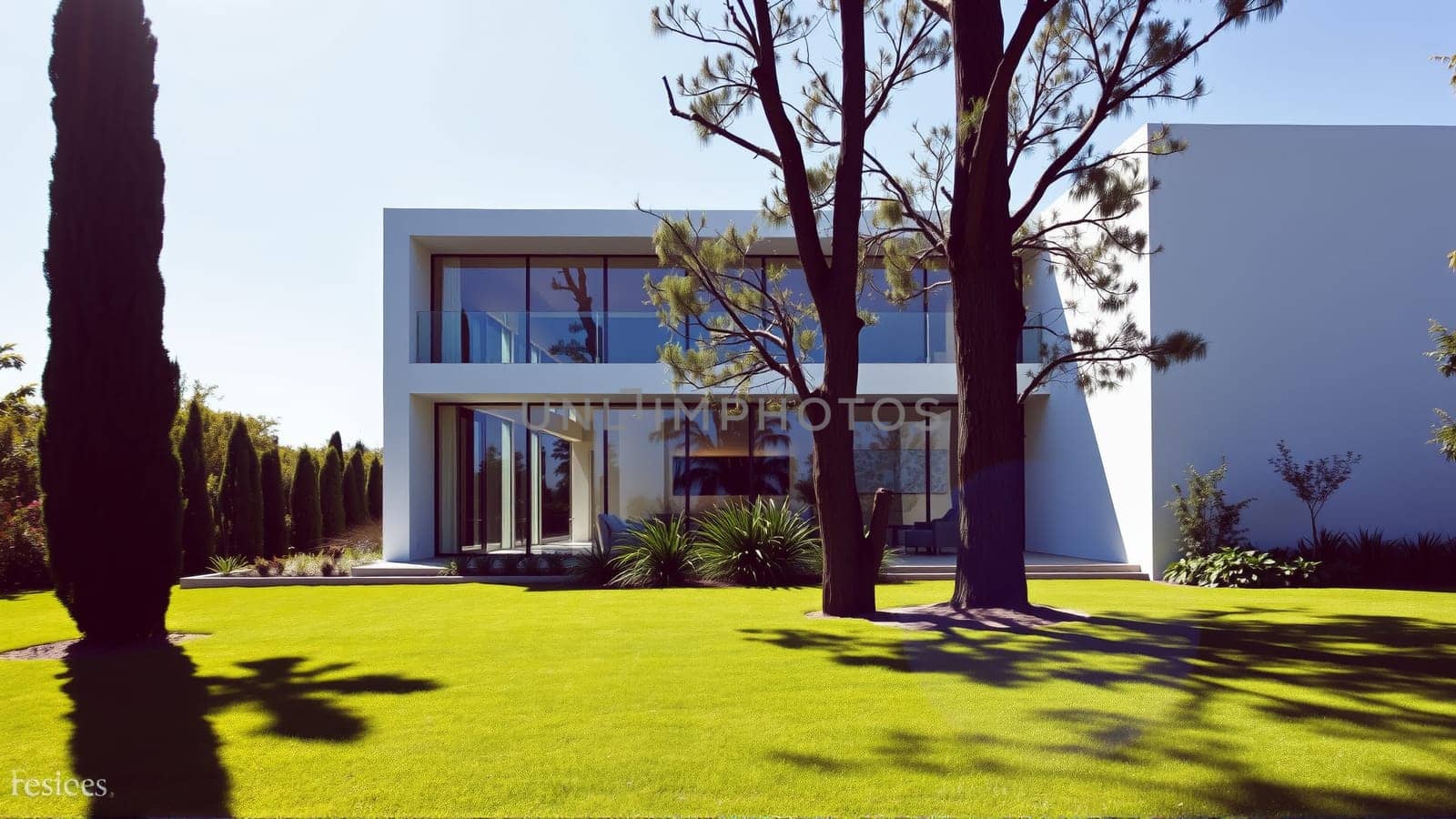 The modern individual residential house is surrounded by a well-groomed beautiful lawn. High quality photo