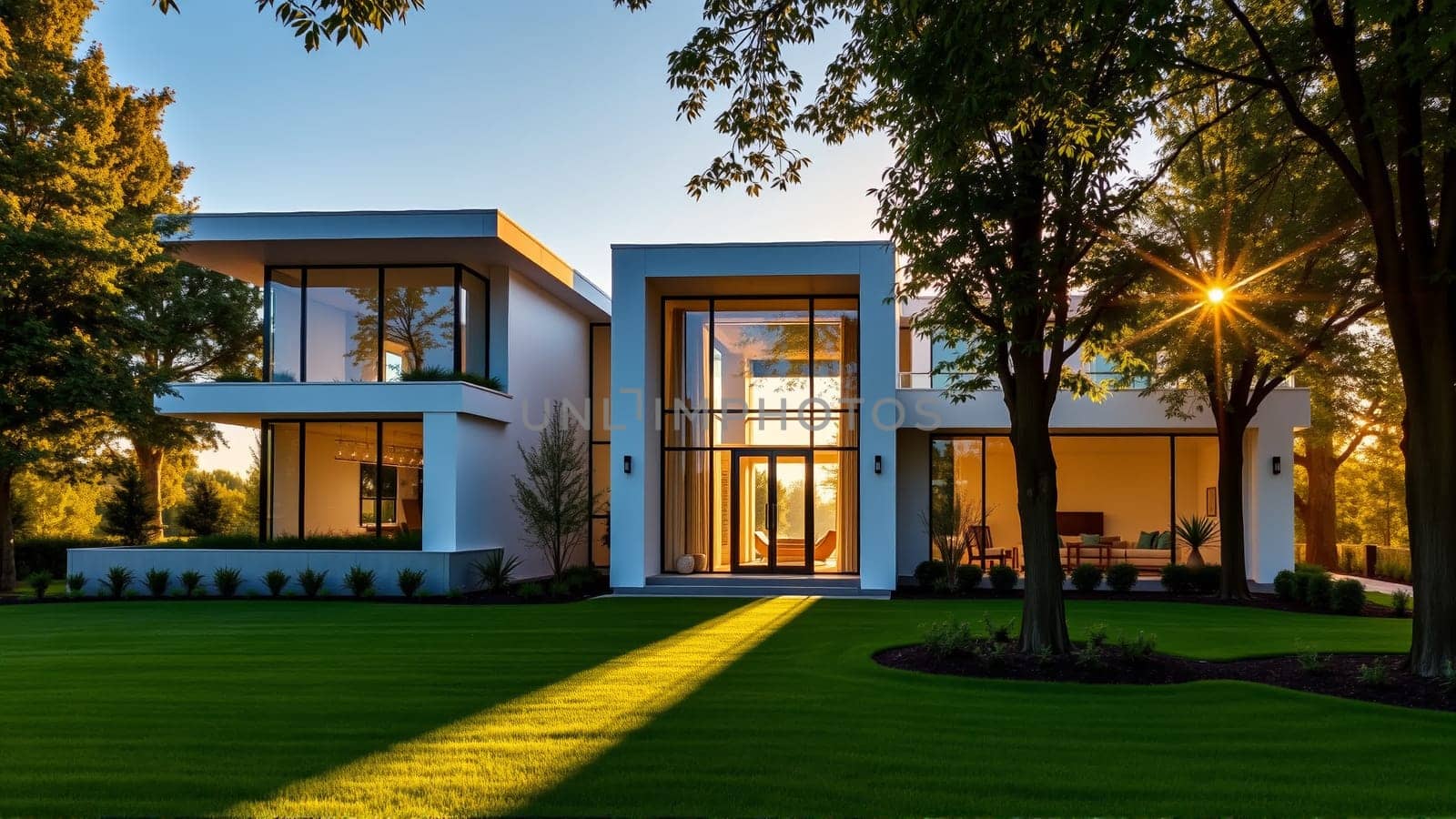 The modern individual residential house is surrounded by a well-groomed beautiful lawn. High quality photo