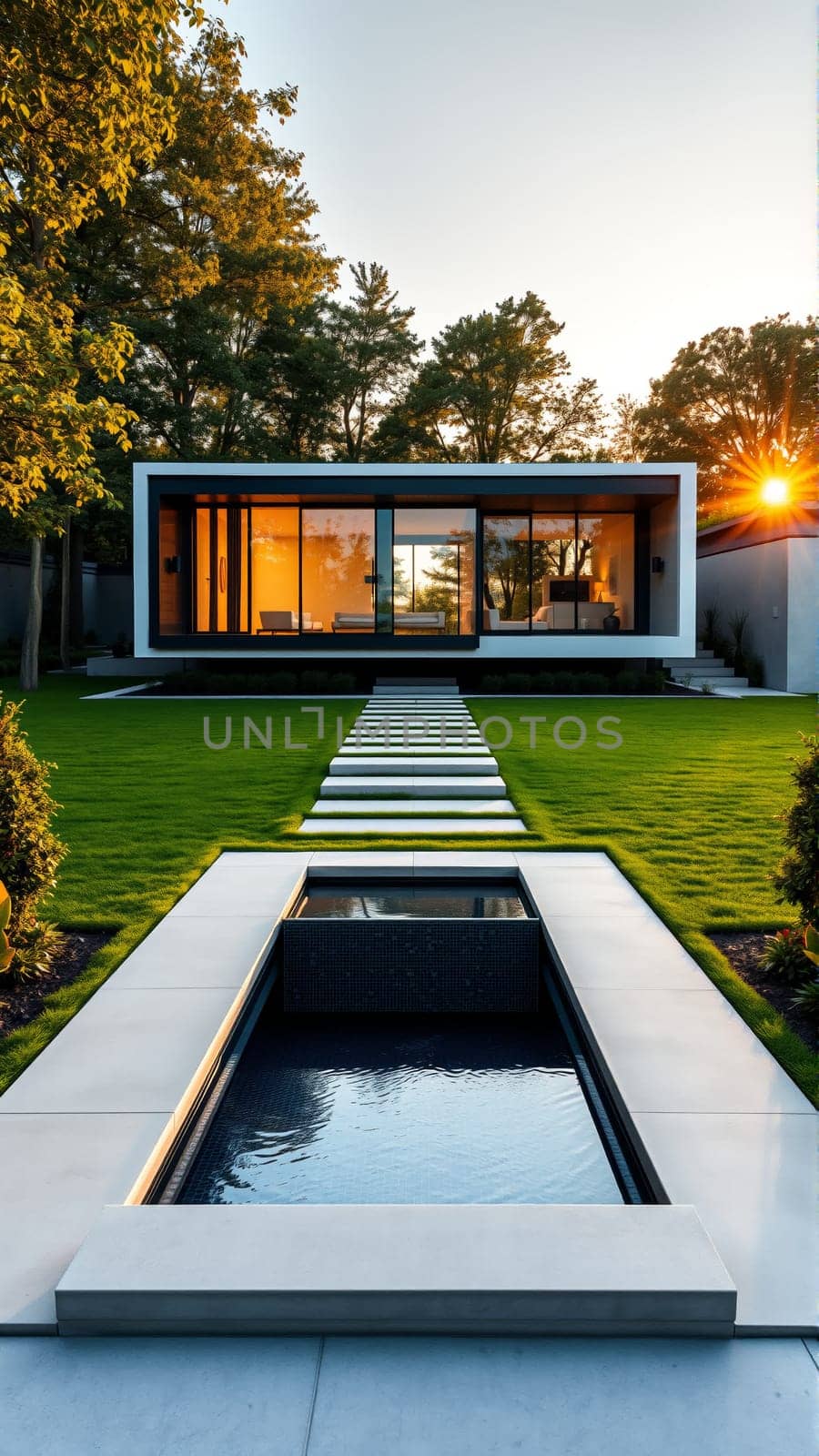 The modern individual residential house is surrounded by a well-groomed beautiful lawn. High quality photo