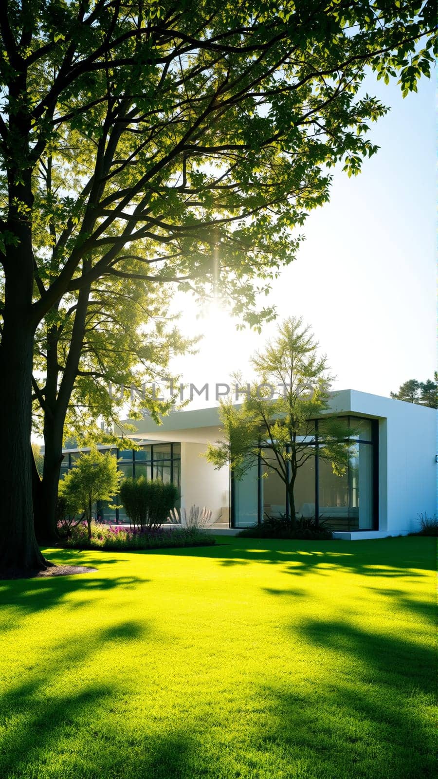 The modern individual residential house is surrounded by a well-groomed beautiful lawn. High quality photo