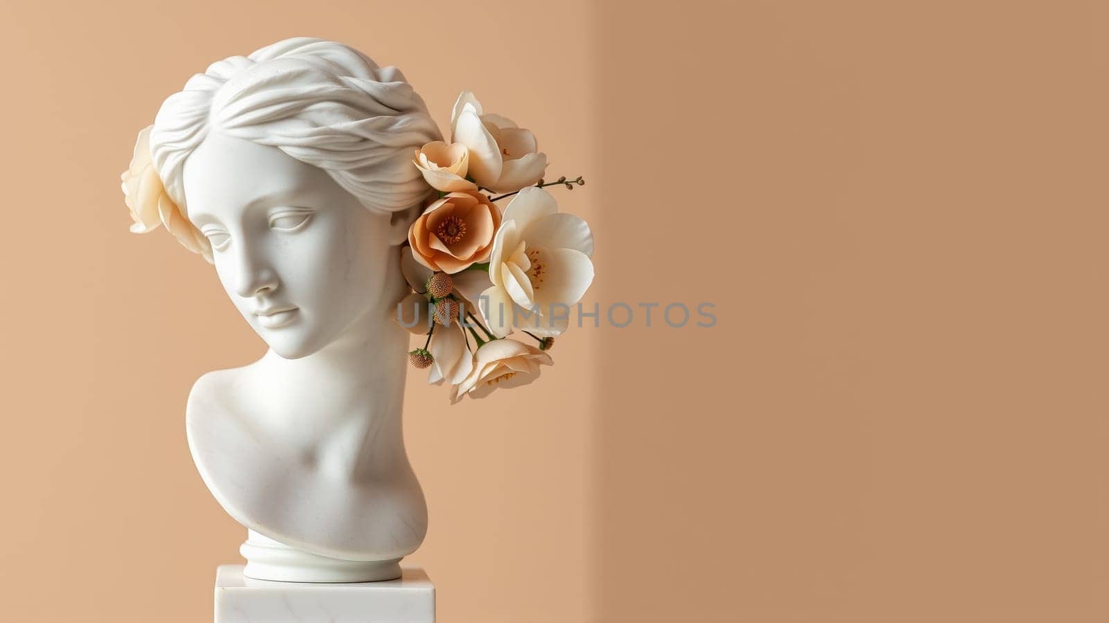 Stone statue covered with spring flowers on isolated background. High quality photo