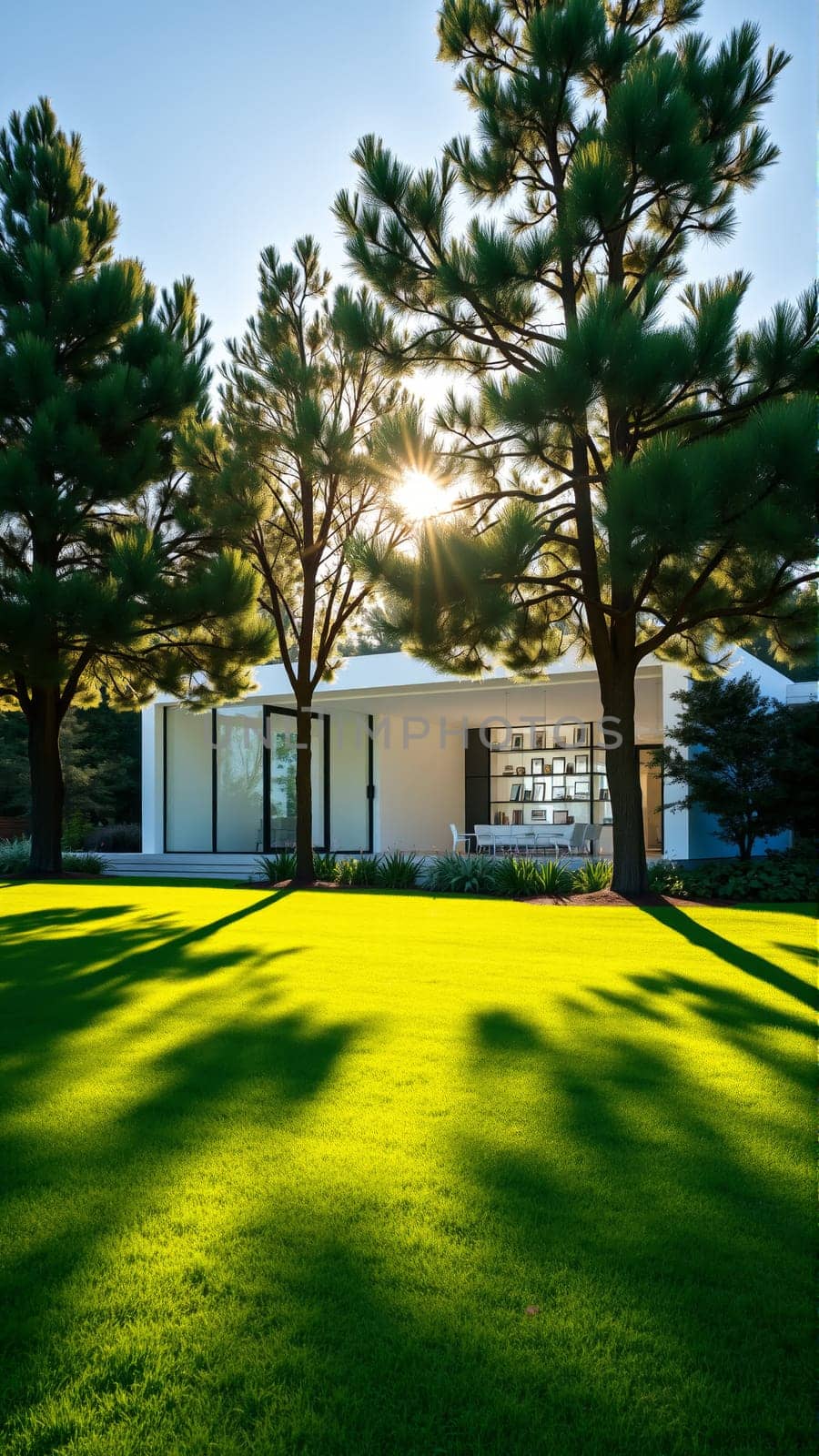 The modern individual residential house is surrounded by a well-groomed beautiful lawn. High quality photo